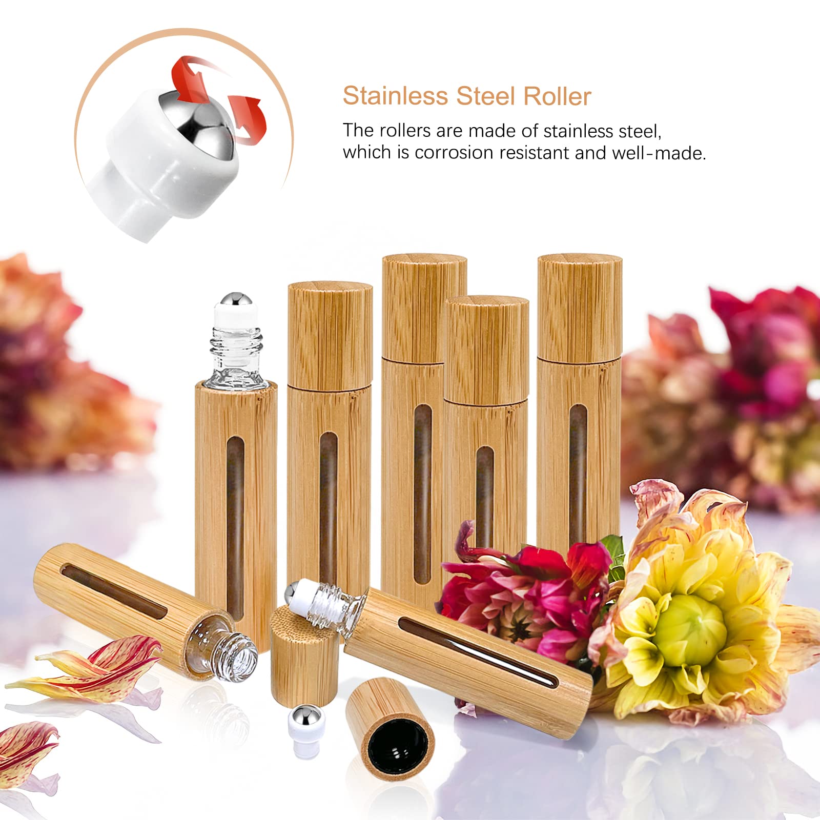 Mykasen 12Pcs 10Ml Roller Bottles Balls For Essential Oils, Roll On Bottles With Bamboo Shell Clear Glass Inner, Portable Refill