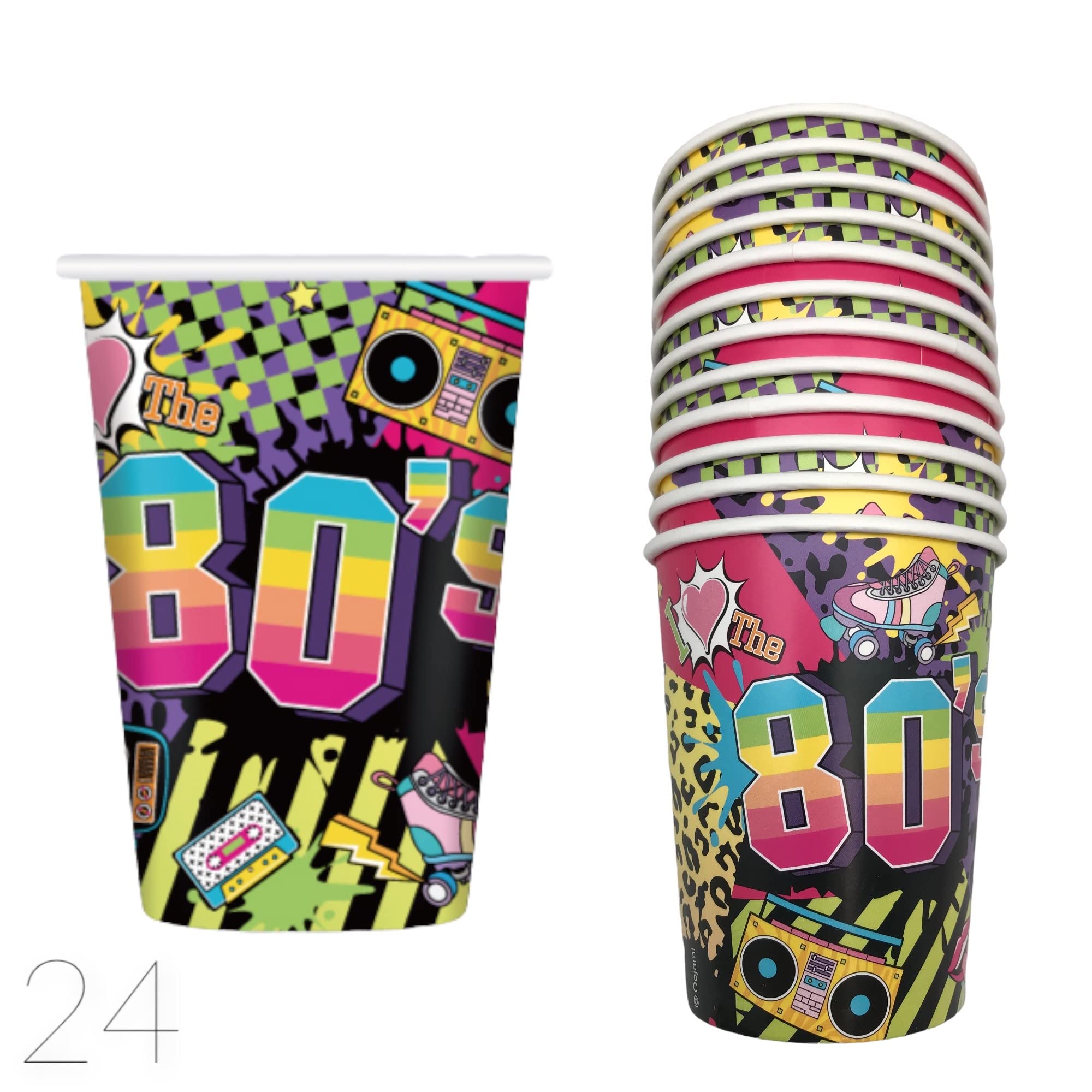 Oojami Serves 24 Complete 80'S Themed Birthday Party Pack Includes Paper Plates, Cups, Napkins, 2 Table Covers, Swirls, Ideal Fo