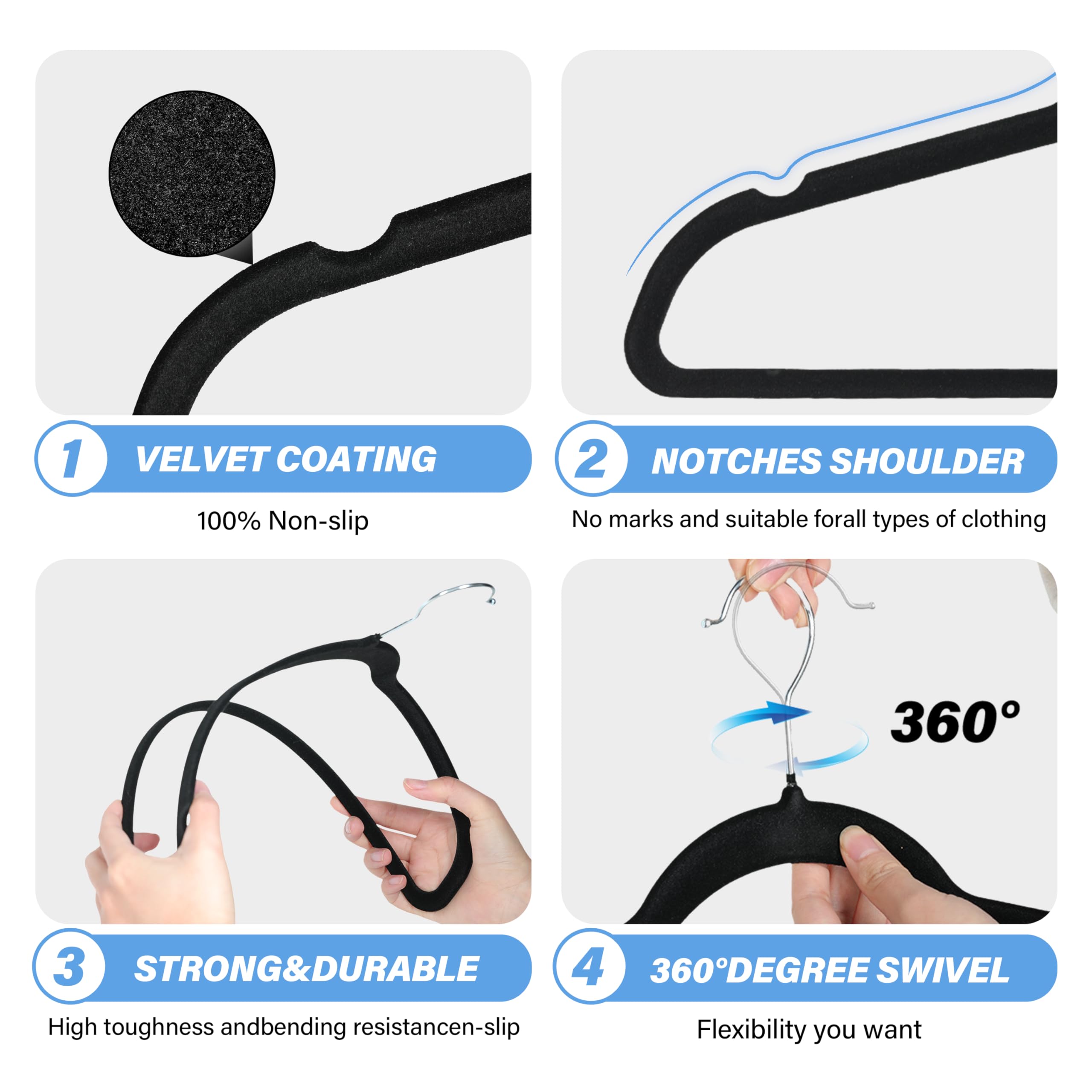 YSSOA Velvet Hangers - 70 Pack Non-Slip Clothes Hangers, Black with 360° Swivel Hooks, Heavy Duty for Closet Space Saving