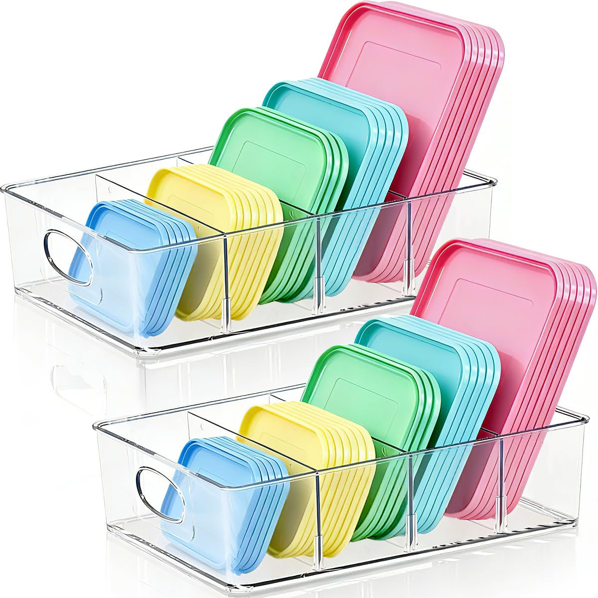 KAIDELI 2 Pack Kitchen Cabinet Organizer for Food Contanier Lid Storage, Clear Plastic Adjustable Dividers, Lid Organizers Insid