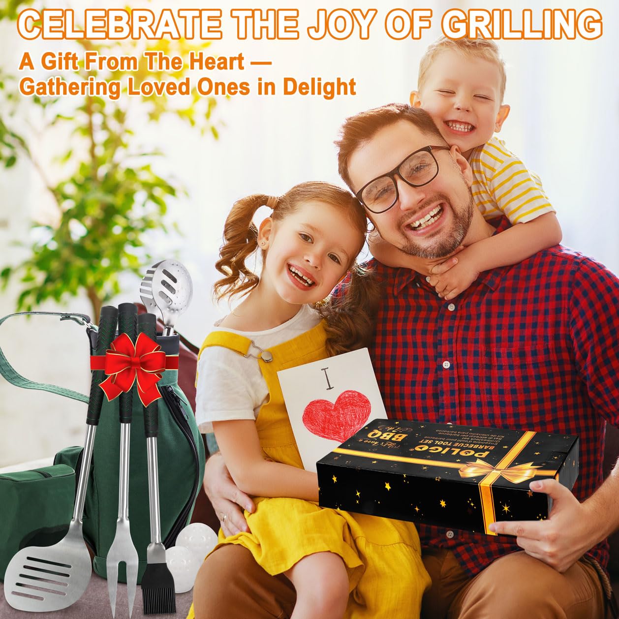 POLIGO 7Pcs Golf-Club Style BBQ Grill Accessories Kit with Rubber Handle - Stainless Steel BBQ Tools Set in Bag for Camping - Premium Grilling Utensils Set Ideal Christmas Birthday Gifts for Men Women