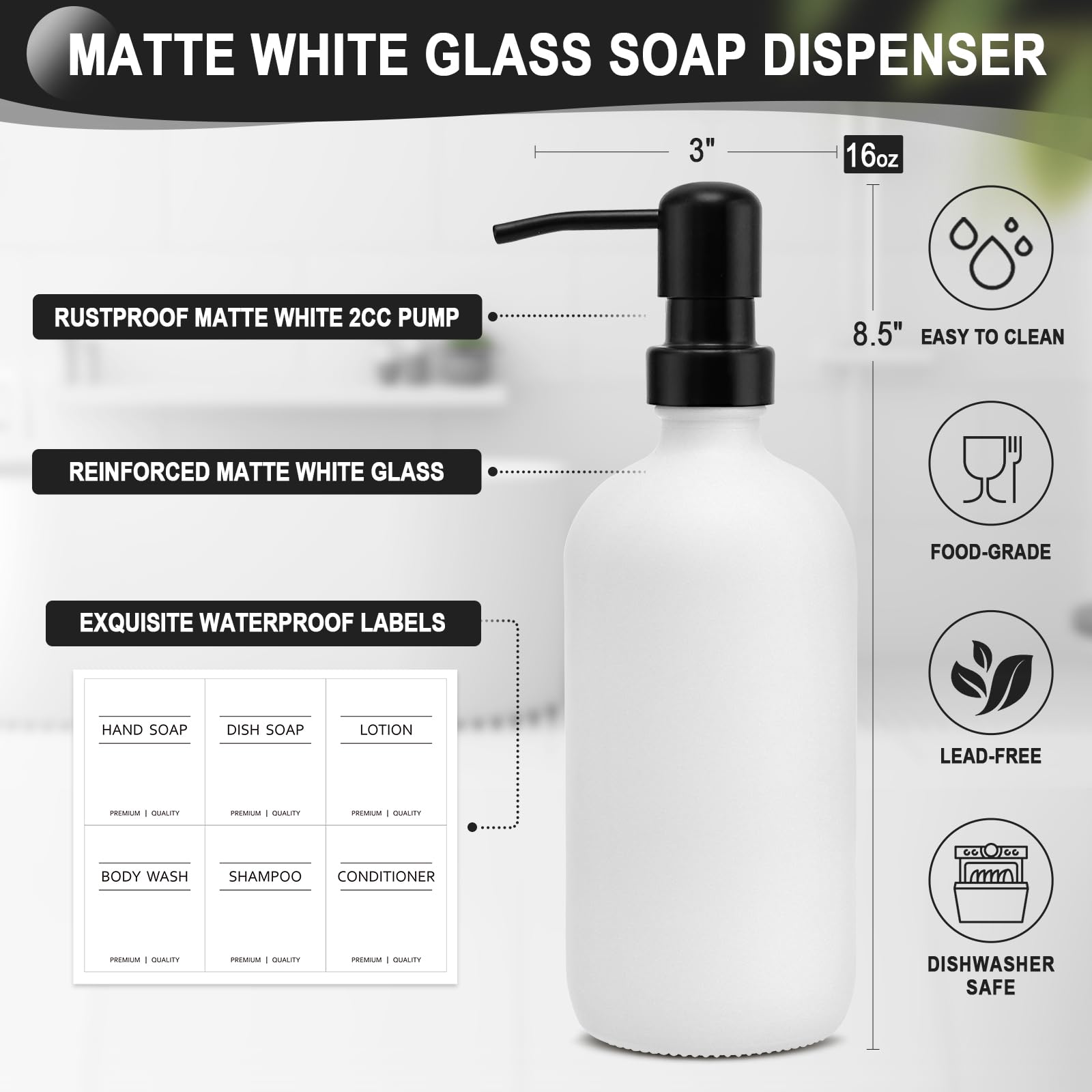 Kasunting Hand Soap Dispenser For Kitchen, White Soap Dispenser With Stainless Steel Pump, Bathroom Soap Dispenser Set With Wood