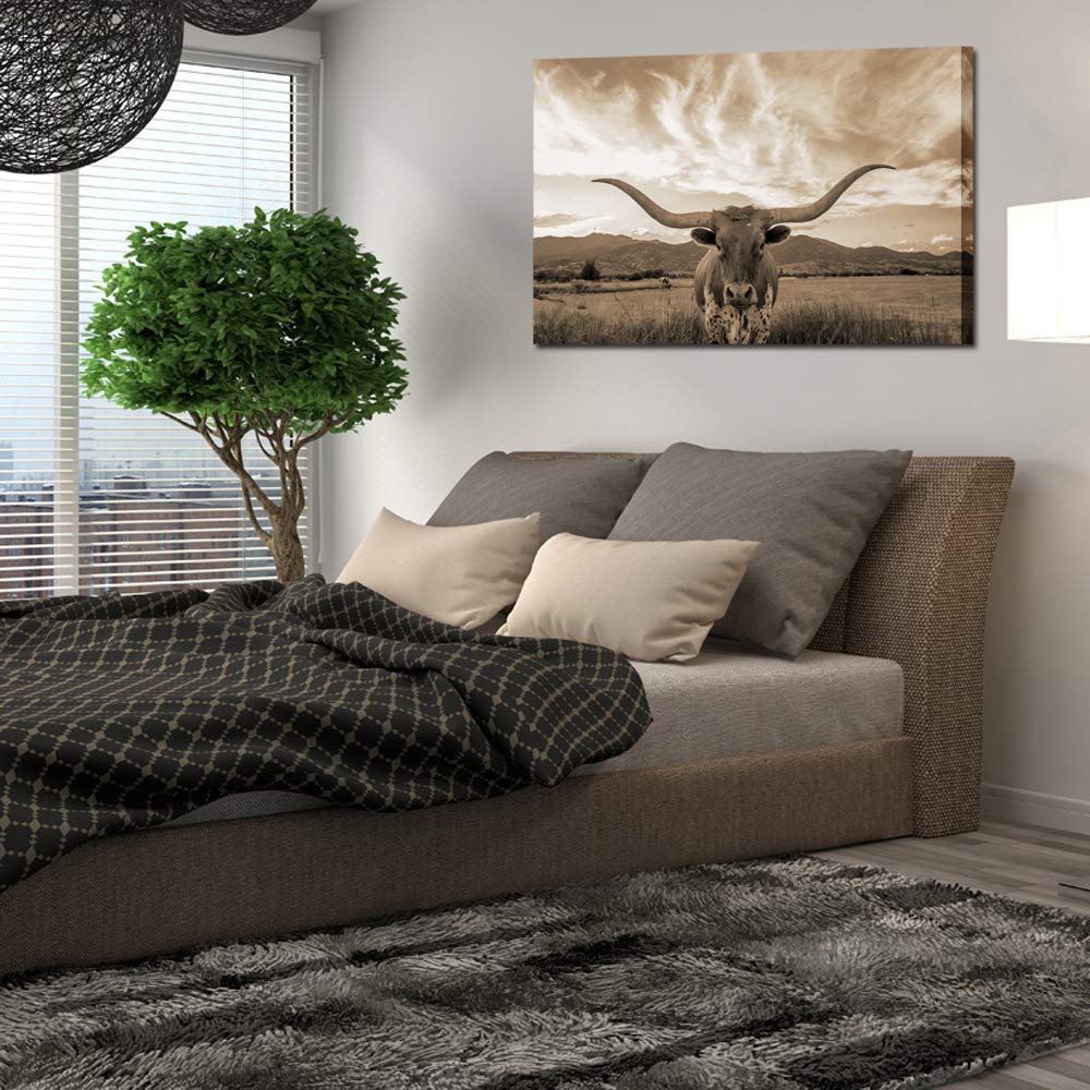 KREATIVE ARTS Sepia Animal Canvas Wall Art Highland Cattle with Long Horns Picture Texas Longhorn in Sunset Farm Painting for Home Decor Modern Living Room Decorations Ready to Hang 24x36in