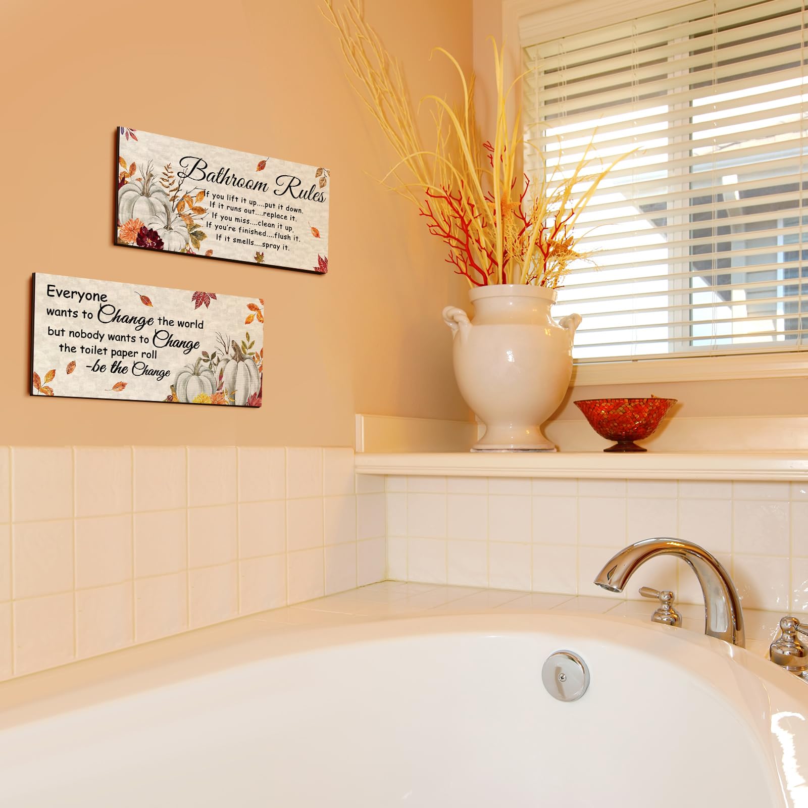 Jetec 2 Pieces Funny Bathroom Signs Bathroom Wall Decor Toilet Wall Accessories Farmhouse Toilet Rustic Wooden Signs (Fall Style