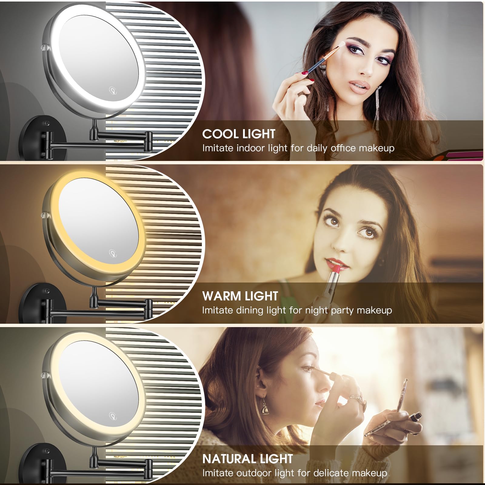 Mnient Wall Mounted Lighted Makeup Mirror,8'' Rechargeable Double-Sided Magnifying Mirror 1X/10X,3 Color Led Vanity Mirror With