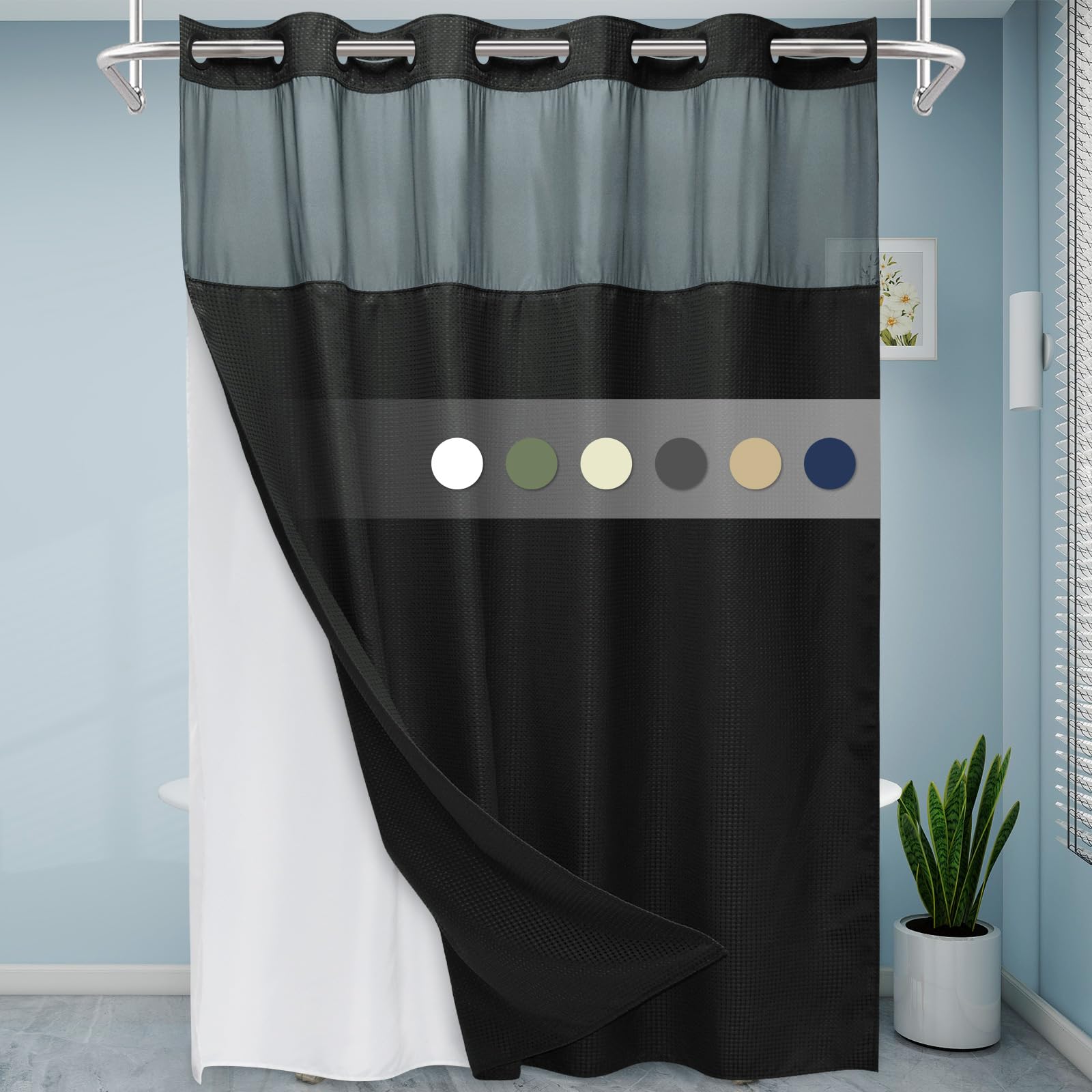 Eutxl Black Long Shower Curtain With Liner - 230Gsm Waffle Textured Heavy Duty Shower Curtains For Bathroom,71W X 86H