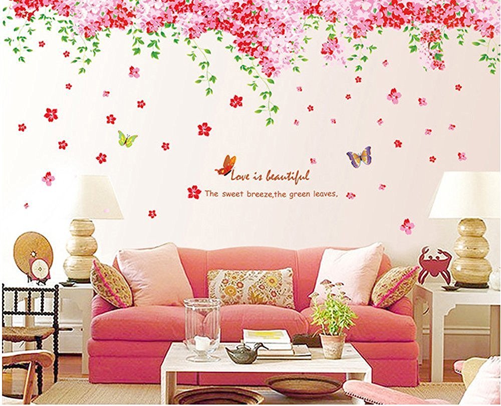 Amaonm Large Huge Fashion Pink Romantic Cherry Blossom Flower Vine Butterfly Wall Corner Decal Wall Stickers Murals Wallpaper Fo
