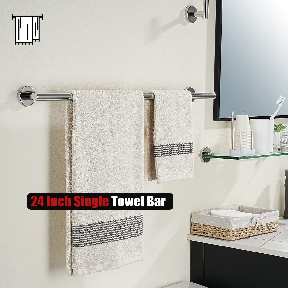 JQK Chrome Towel Bar  24 Inch 304 Stainless Steel Thicken 0.8mm Towel Rack Bathroom  Towel Holder Polished Finished Wall Mount  Total Length 27 Inch  TB110L24-CH