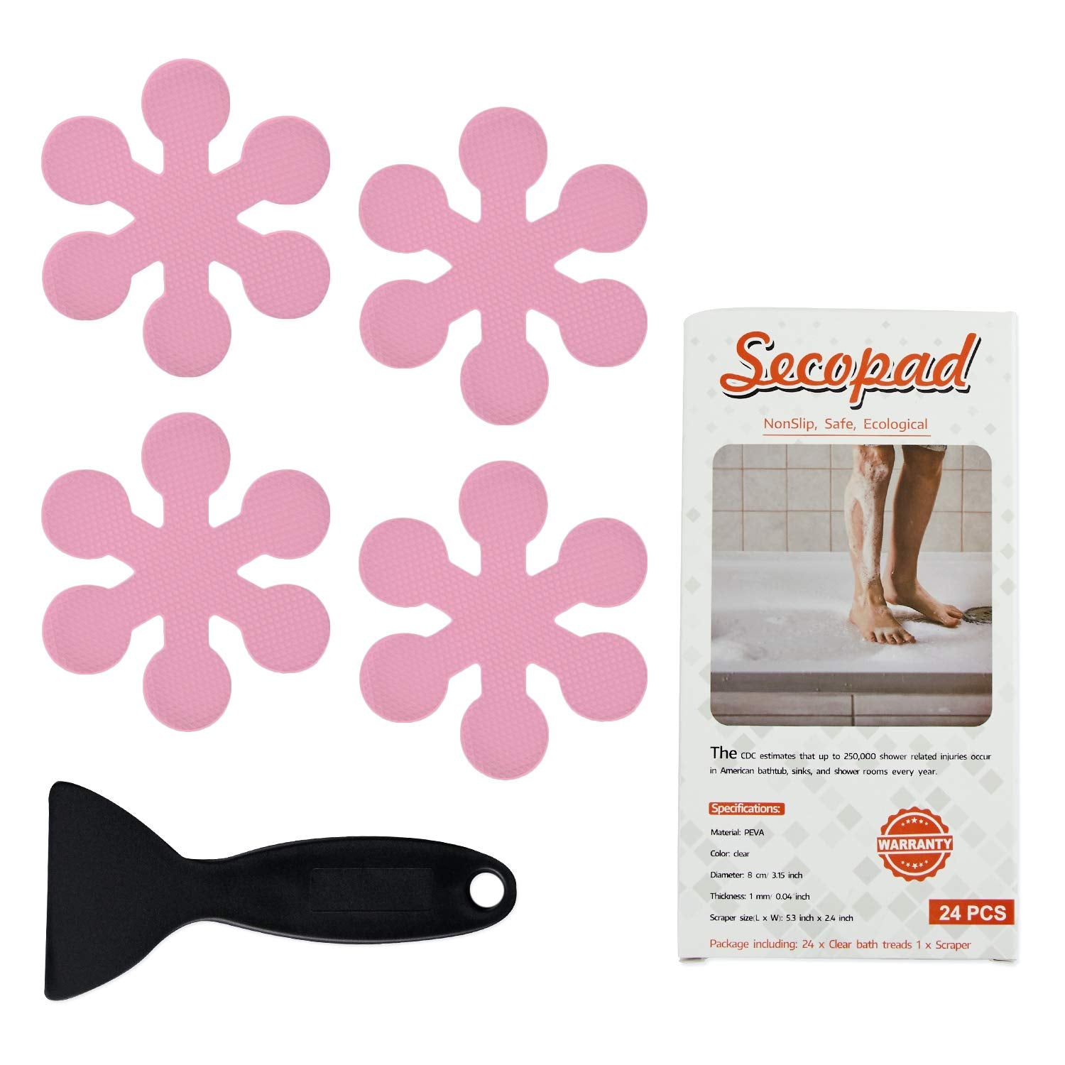 Secopad Bathtub Stickers Non-Slip, 24 Pcs Safety Shower Treads Adhesive Appliques With Premium Scraper (Pink)