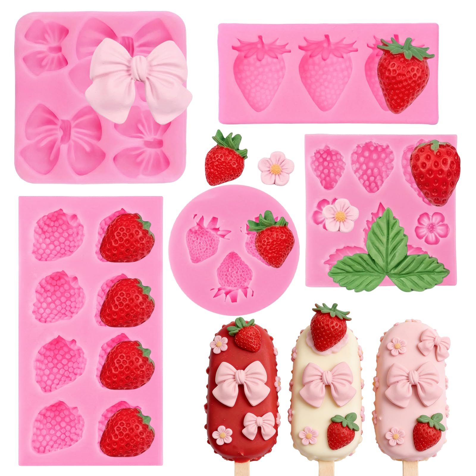Sdfvsdg 5PCS Strawberry Fondant Molds Silicone 3D Strawberry Bow Fondant Molds Fruit Baking Mold for Chocolate Candy Candle Clay