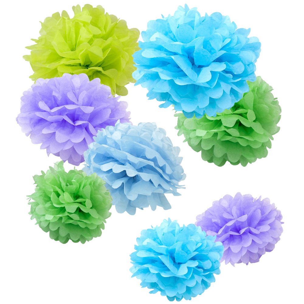 Wyzworks Set Of 8 (Assorted Spring Pastel Lavender/Green/Blue Color Pack) 8'' 10'' 12'' Diy Tissue Pom Poms Flower, Halloween, D