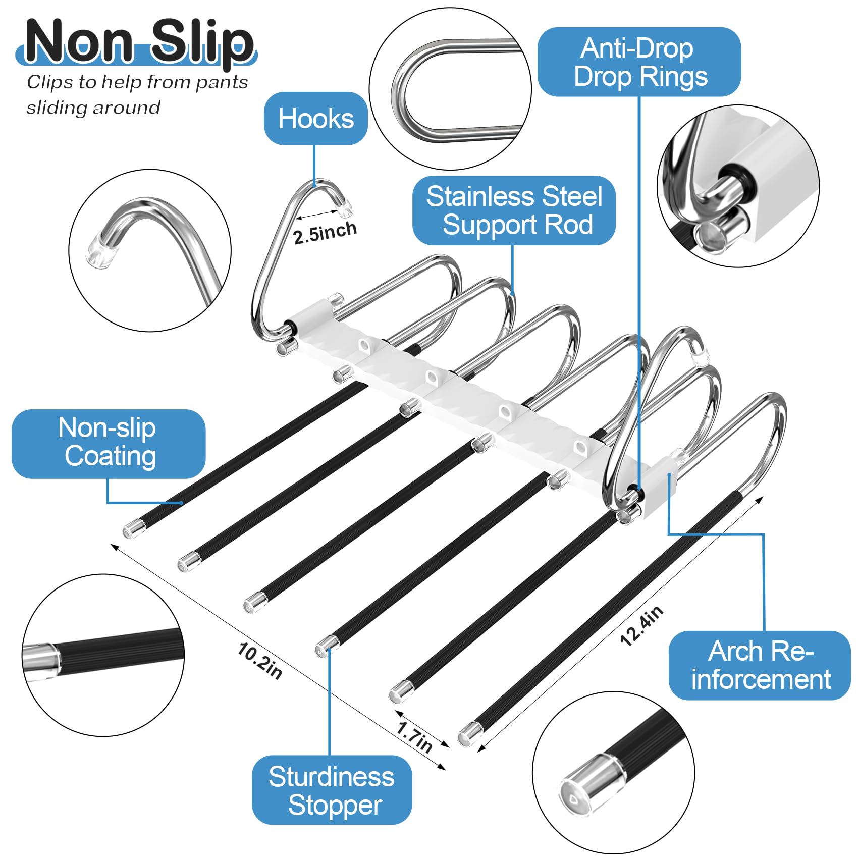 Upgrade 6 Layers Pants Hangers Space Saving, 2 Pack Non Slip Stainless Steel Multifunctional Pants Rack S-Type Pant Closet Hange