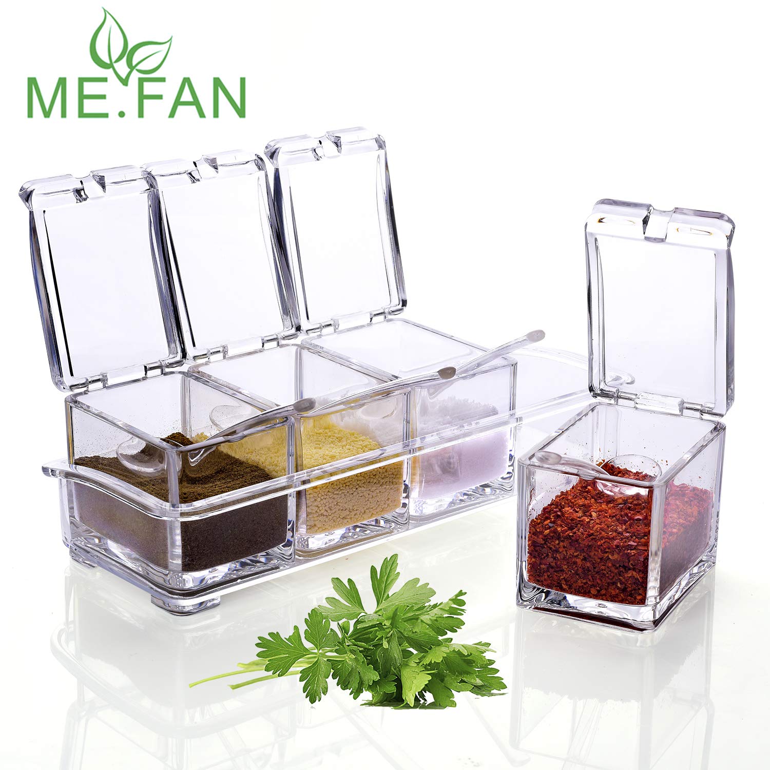 ME.FAN Clear Seasoning Rack Spice Pots - 4 Piece Acrylic Seasoning Box - Storage Container Condiment Jars - Cruet with Cover and