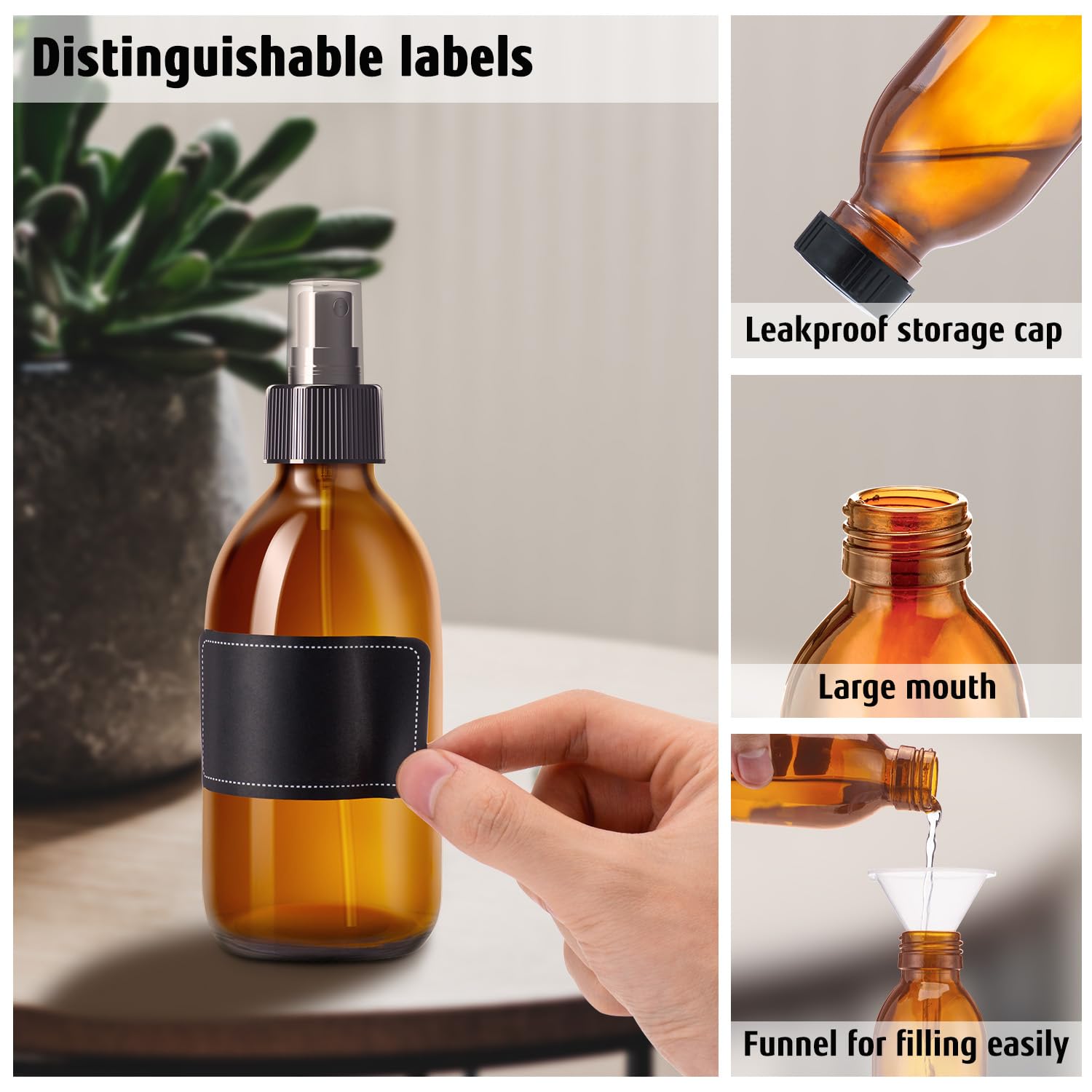 Tecohouse Amber Glass Spray Bottles 8.8 Oz, 2 Pack Empty Spray Bottle For Essential Oils, Small Glass Bottles For Cleaning Solut