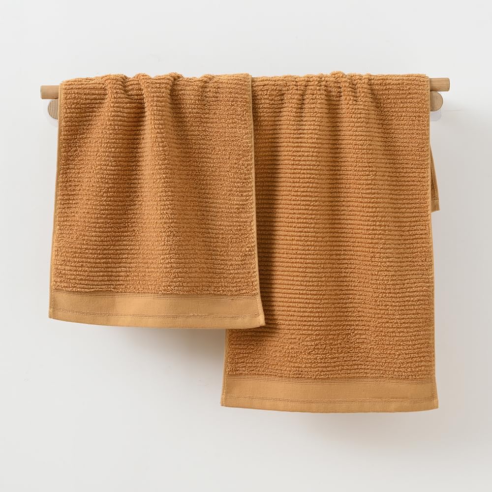 Yiluomo Super Soft Mustard Orange Hand Towel Set Of 2 Ribbed Striped Pattern 100% Cotton Absorbent Decorative Towel For Bathroom