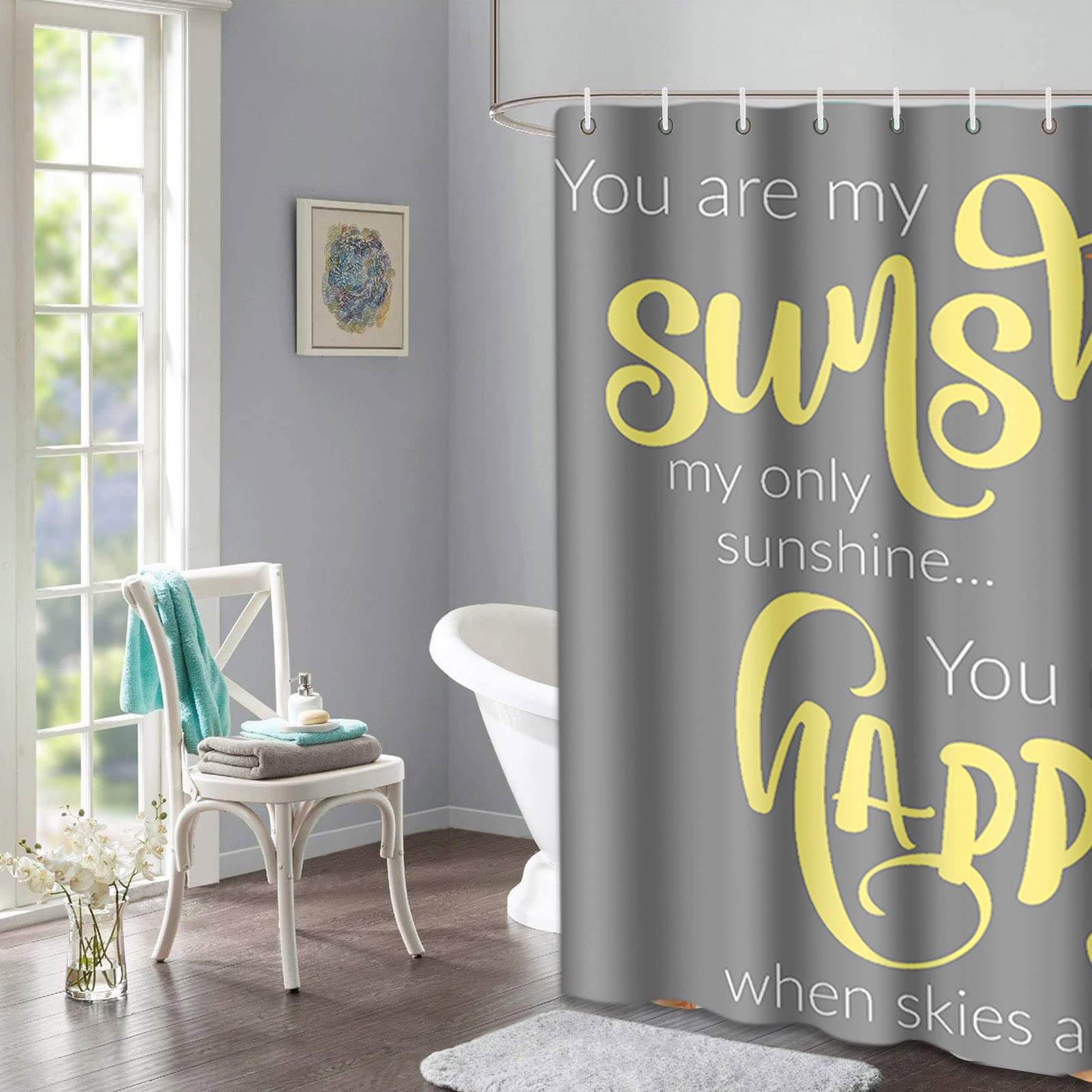 Semtomn Shower Curtain You Are My Sunshine Yellow Gray 66''X72'' Home Decor Waterproof Bath Bathroom Curtain Set With Hooks