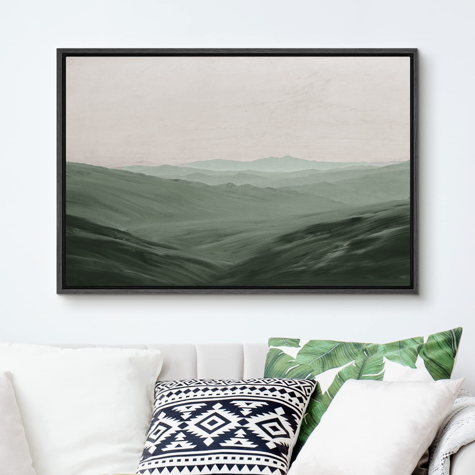 Signford Framed Canvas Wall Art Monochromatic Green Mountains And Valleys Landscape Wilderness Oil Painting Impressionism Tradit