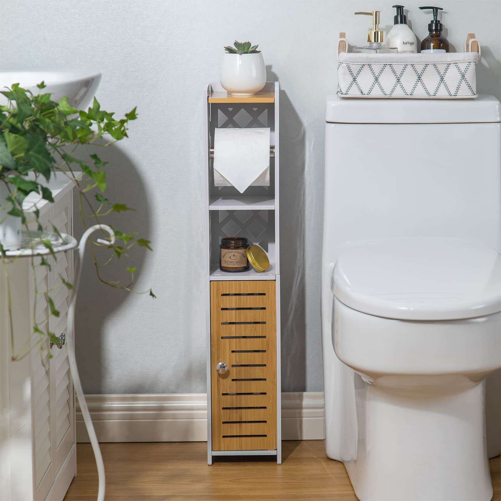 Toilet Paper Holder Stand Chrome Toilet Paper Holder Behind Toilet Storage for Restroom Cabinet Bathroom Stand with Toilet Paper Holder Insert Slim Storage Cabinet for Small Space White by H HUIYKALY