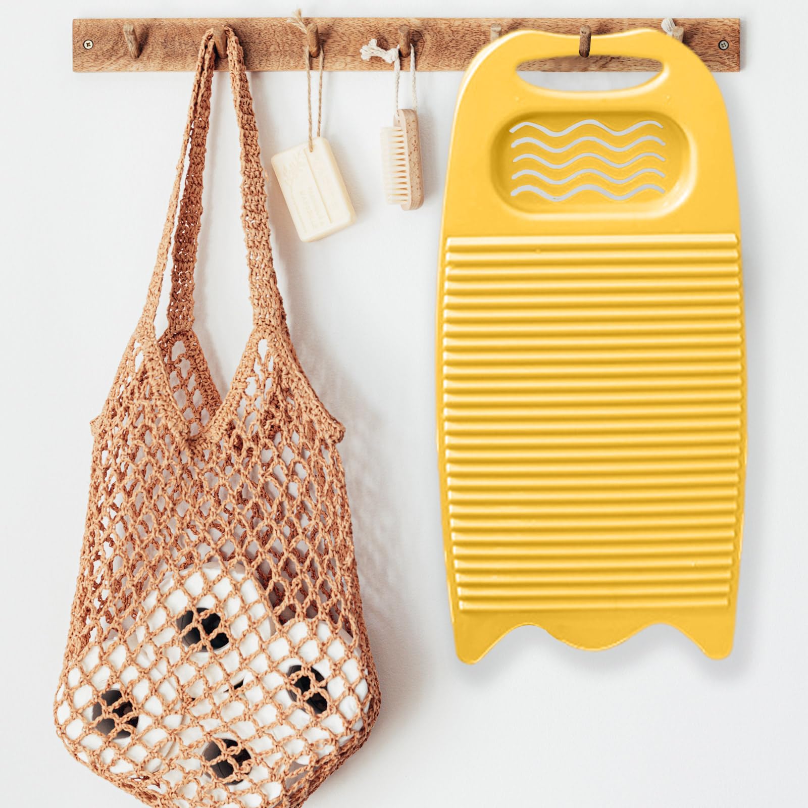 Wash Board, Washboard For Hand Washing Clothes, Plastics Laundry Scrub Board Household With Holder Portable (D-Yellow+Multifunct