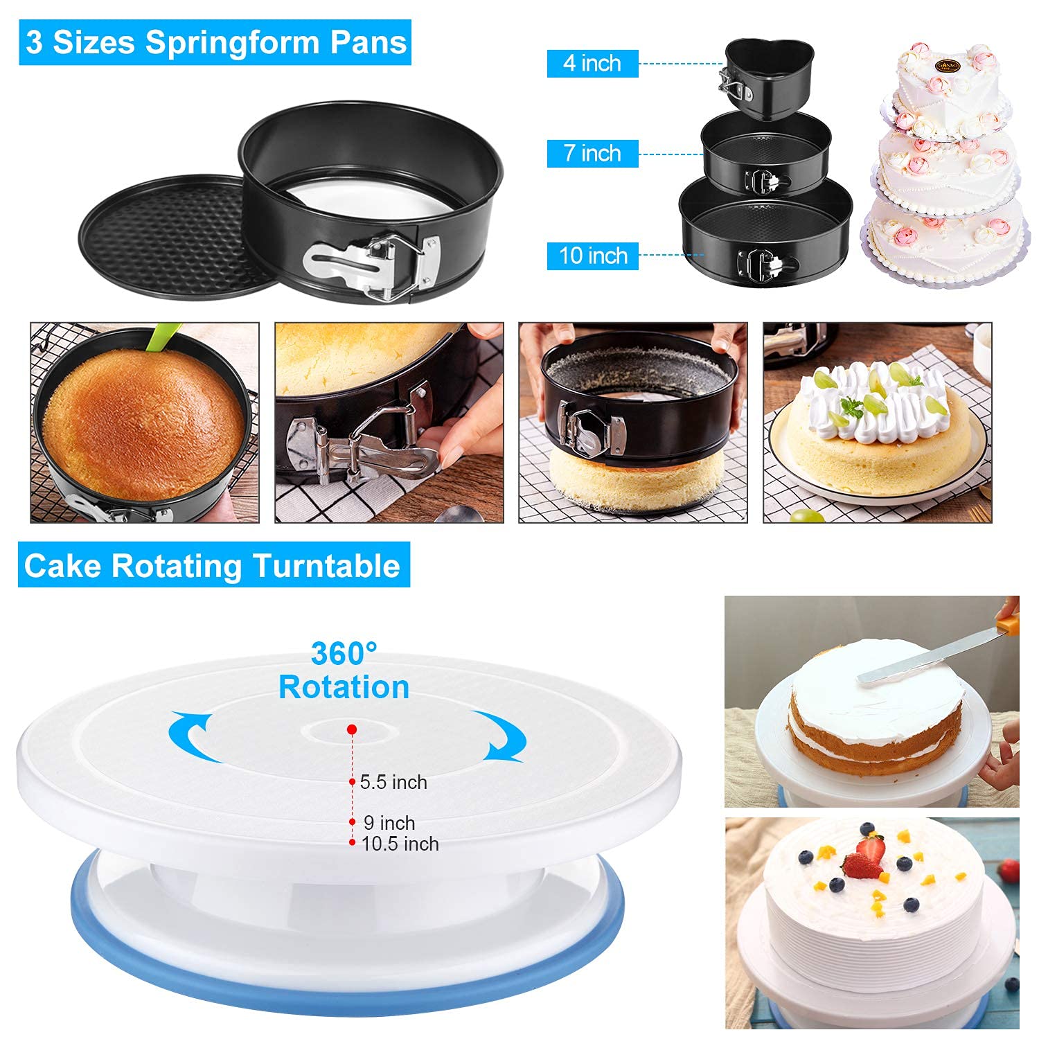 Cake Decorating Supplies,493 Pcs Cake Decorating Kit 3 Packs Springform Cake Pans, Cake Rotating Turntable,48 Piping Icing Tips,