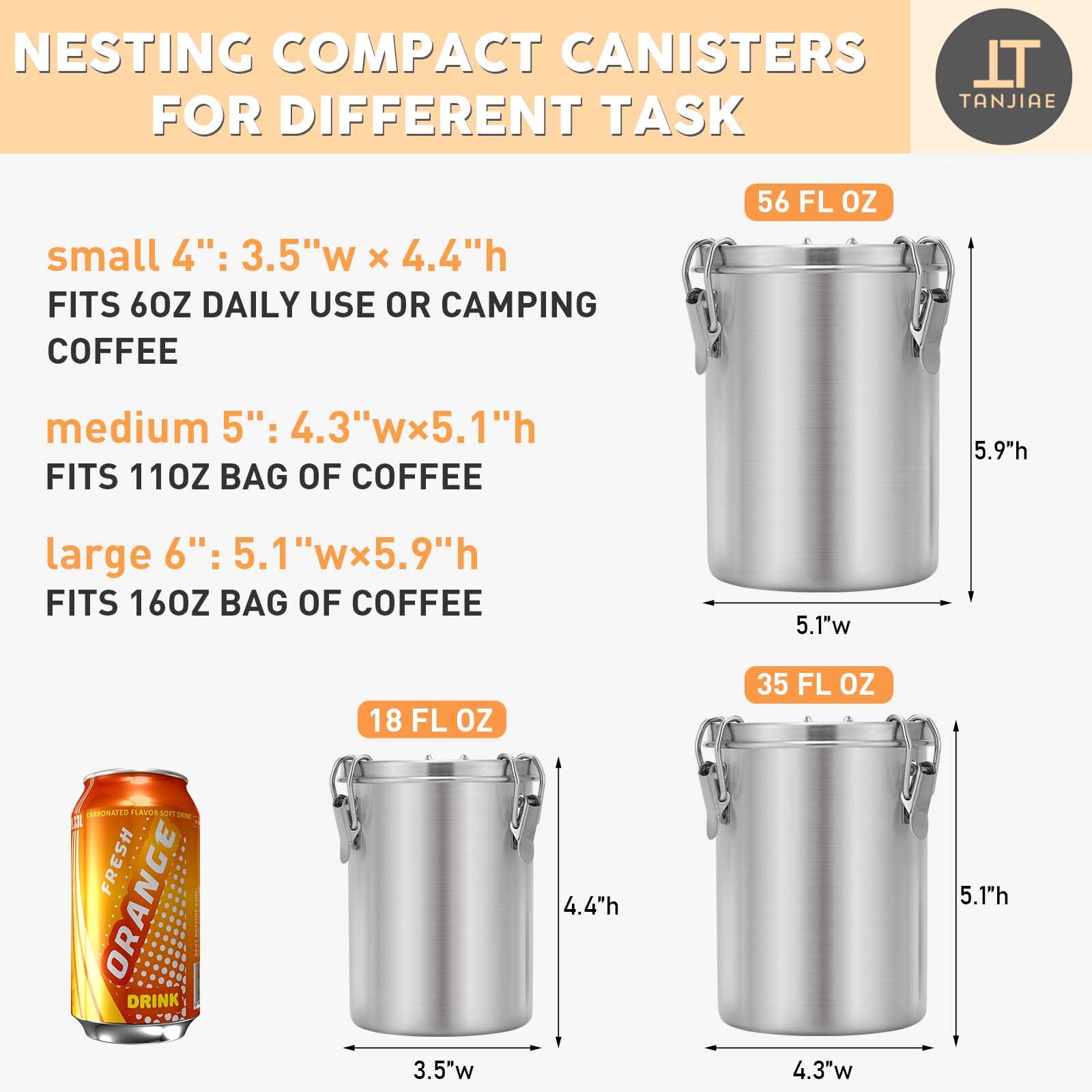 Tanjiae Compact Stainless Steel 100% Airtight Canisters Sets for Small Kitchens | Metal Food Storage Containers with Lids Sealed - Keep Flour  Sugar  Coffee  Tea Fresh for Months (18+35+56 fl oz)