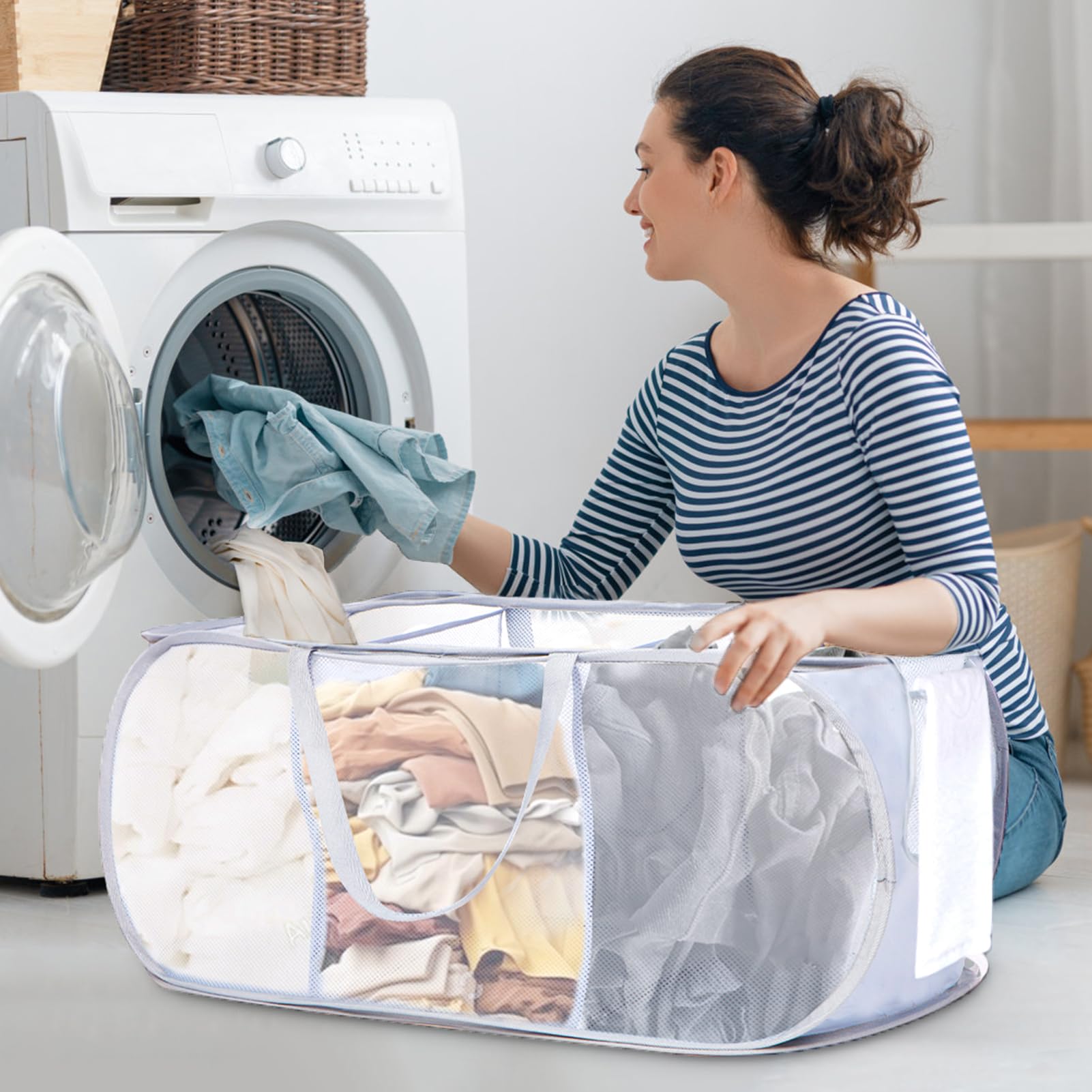 Durable Collapsible Laundry Baskets, Foldable Mesh Pop Up Laundry Basket, 3 Compartments Laundry Hamper, Easy To Carry & Sort Cl