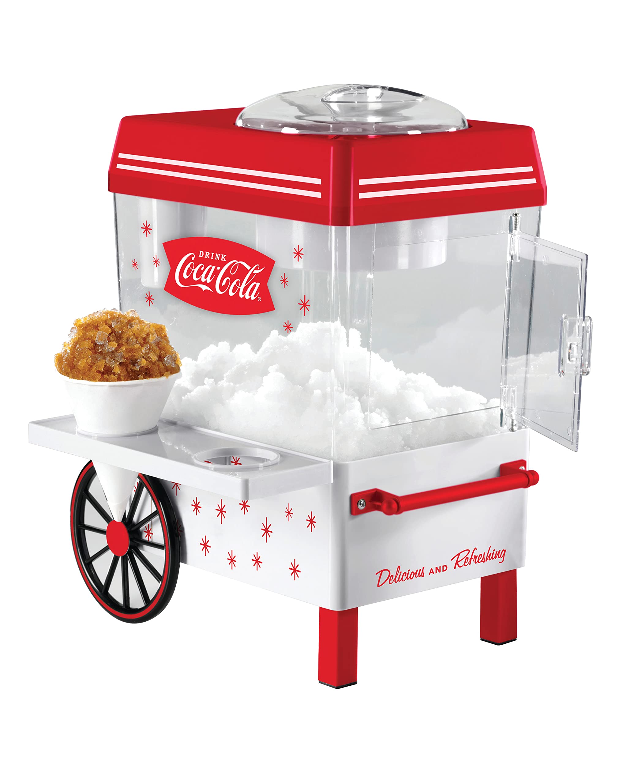 Nostalgia Coca-Cola Snow Cone Shaved Ice Machine - Coke Retro Table-Top Slushie Machine Makes 20 Icy Treats - Includes 2 Reusabl