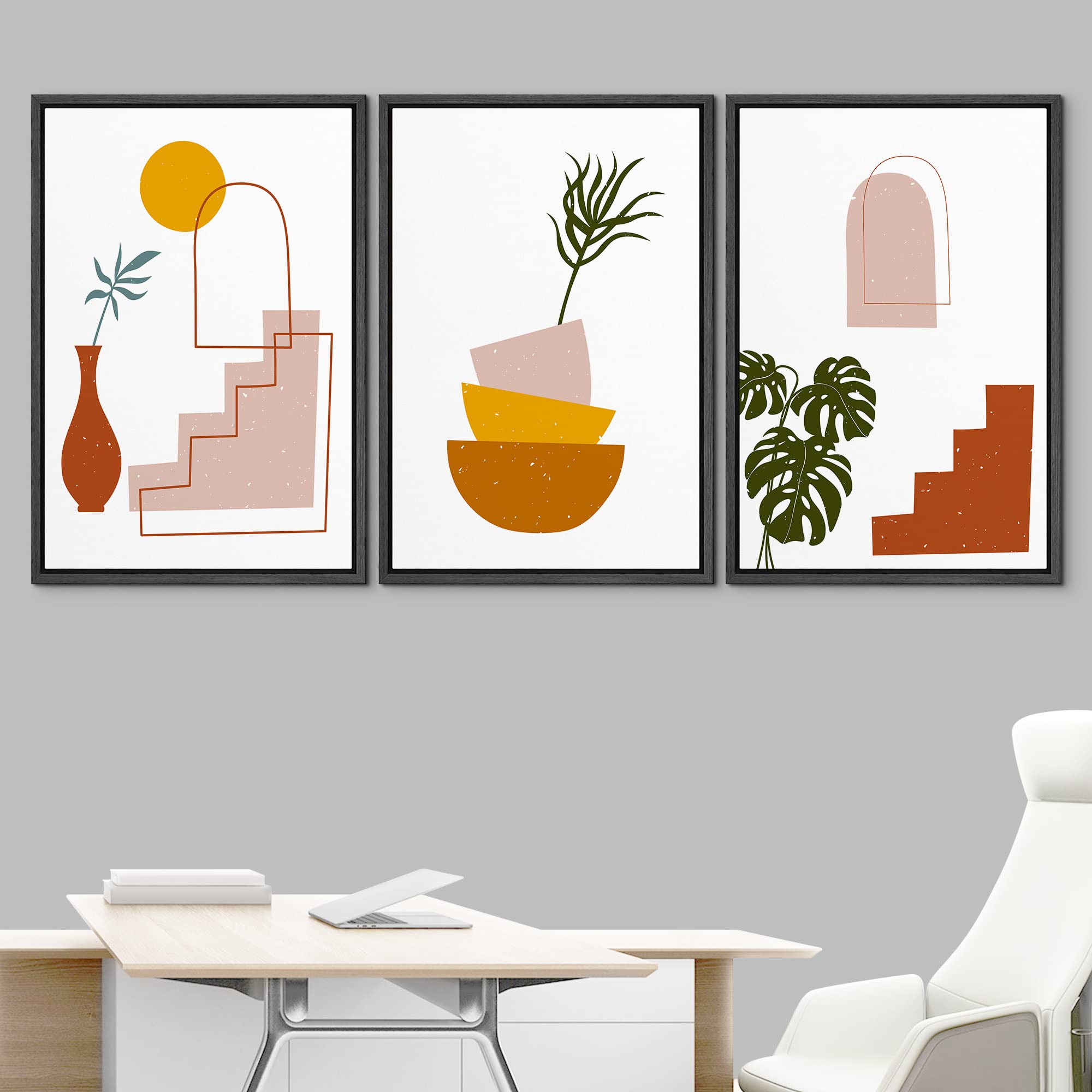 Idea4Wall Framed Wall Art Print Set Monstera Leaves With Plants & Stairways Geometric Flower Illustrations Modern Art Rustic Col