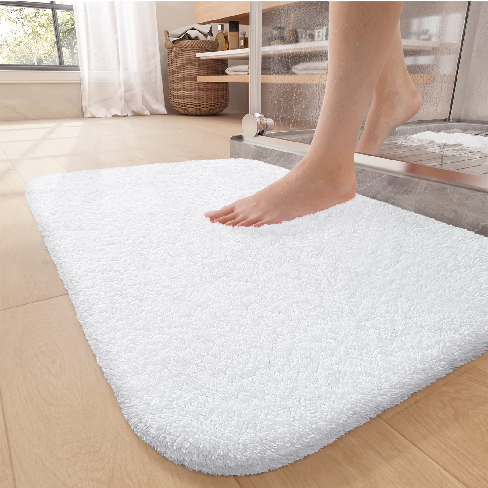 Color&Geometry White Bathroom Rugs 16''X24'', Small- Upgrade Your Bathroom With Soft High Pile White Bath Mat- Plush, Non Slip,