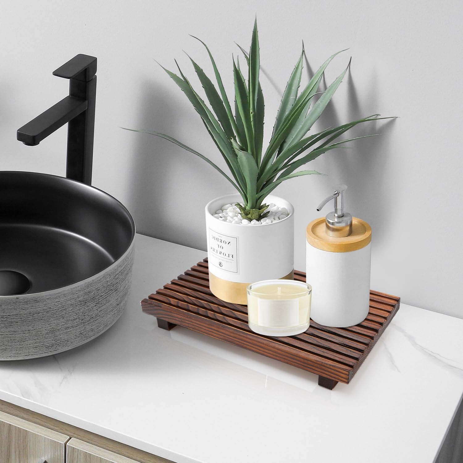 Renawe Farmhouse Bathroom Counter Tray Wood Display Pedesta Stand Kitchen Countertop Trays Decorative Wooden Riser Dish Soap Dis