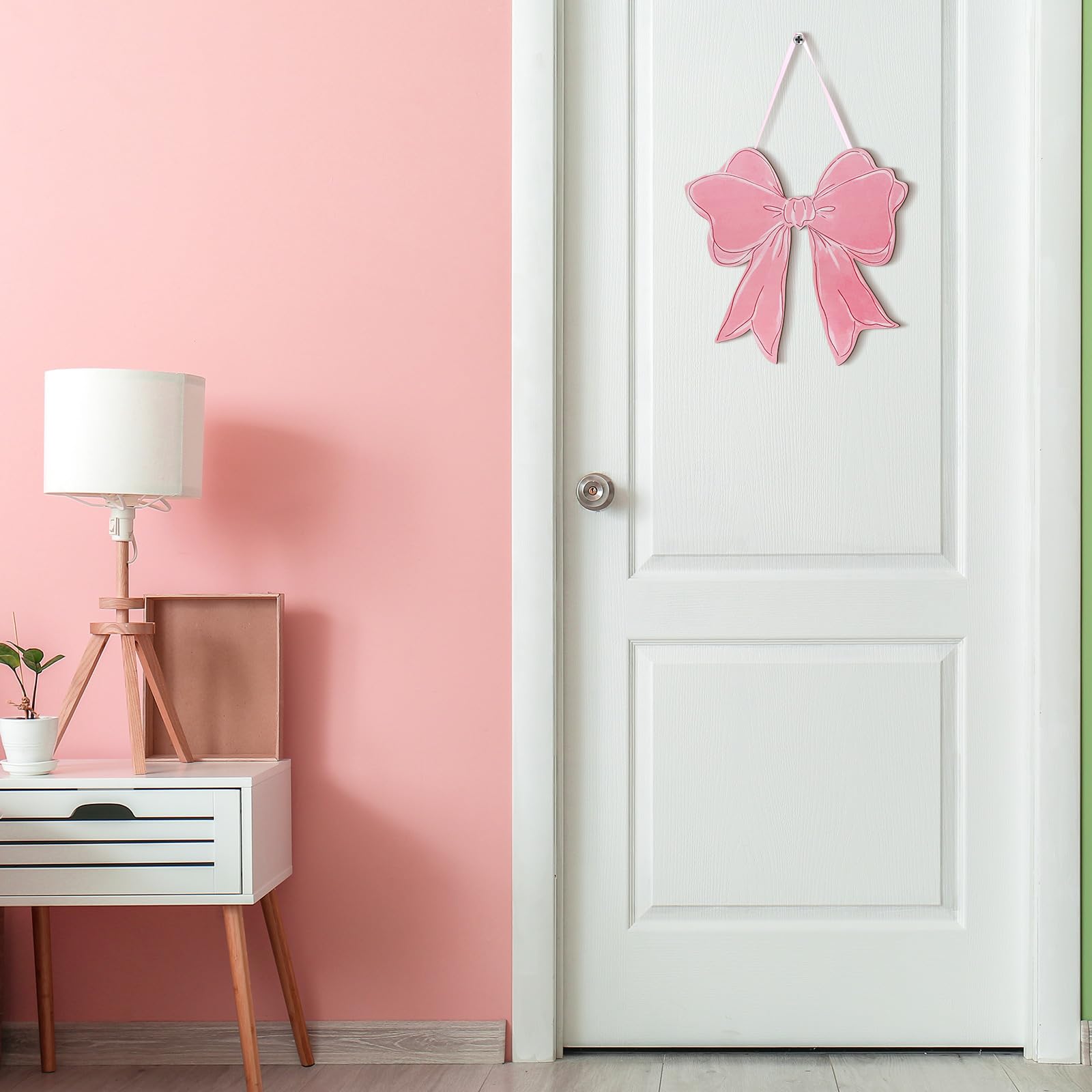 RattanView Pink Bow Wooden Hanging Sign Coquette Bow Wall Hanging Hanger Cute Preppy Wall Art Bowknot Welcome Door Sign Girly De