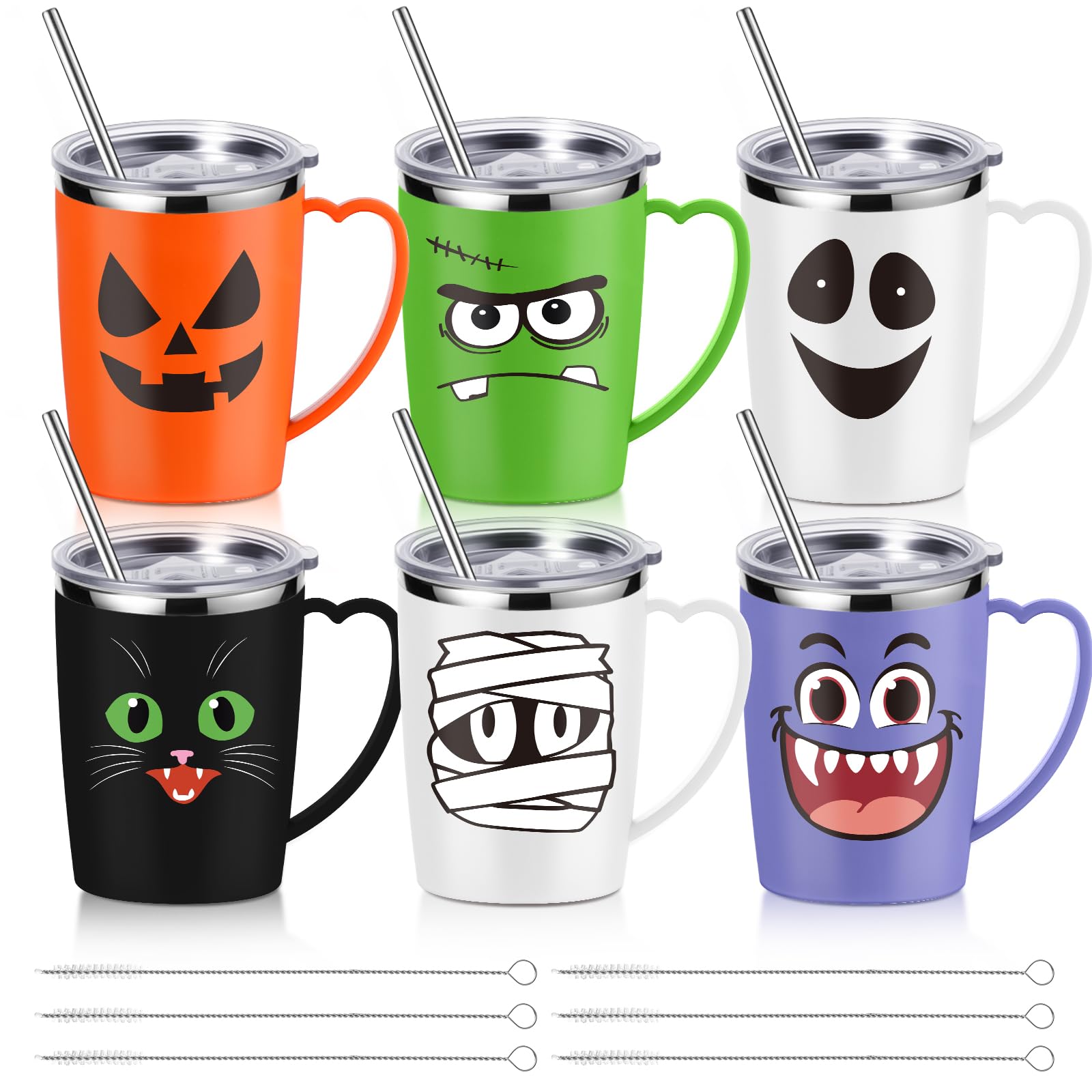 Kritkin 6 Pcs Halloween Coffee Mugs Cups 16 Oz Halloween Stainless Steel Insulated Tumblers Bulk with Handle Lid Straw Brushes S