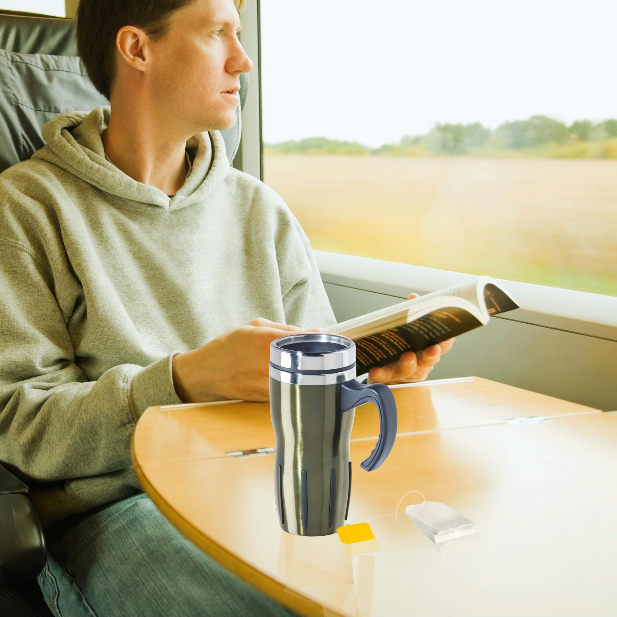 Oggi Multigrip Stainless Steel Thermal Travel Mug - Olive, 16Oz, With Slide Open Lid For Hot And Cold Beverages.