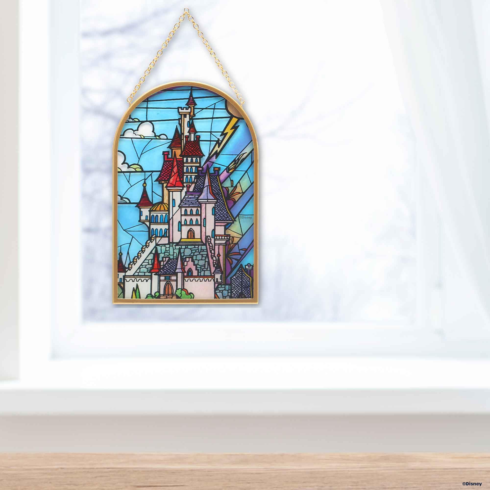 Open Road Brands Disney Beauty and the Beast Castle Hanging Glass Wall Decor - Beautiful Disney Princess Wall Art for Home