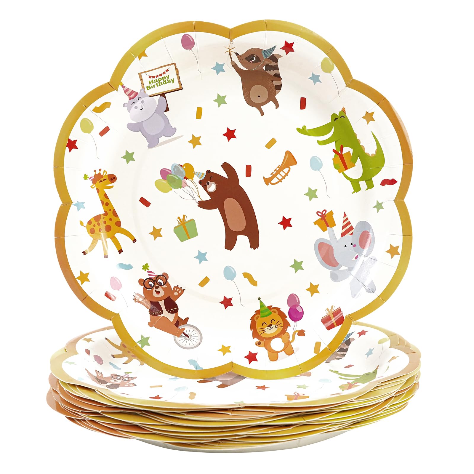 BOKFJBP 25Pack Animal Parade Party Plates, 9 Inch Disposable Paper Plates Scalloped with Cute Jungle Safari Animal Design Fit fo