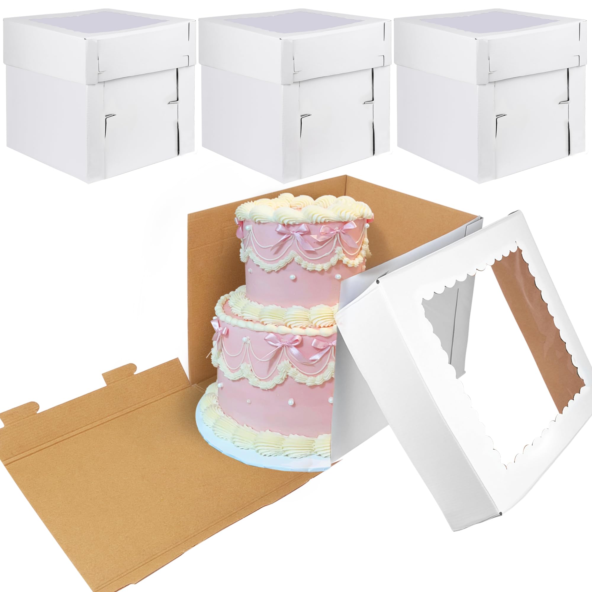 KEEPARTY 4PCS 16x16x14inch with Window Tier Cakes Tall Bakery Boxes for Birthdays Wedding Party Cake Box Disposable Cake Contain