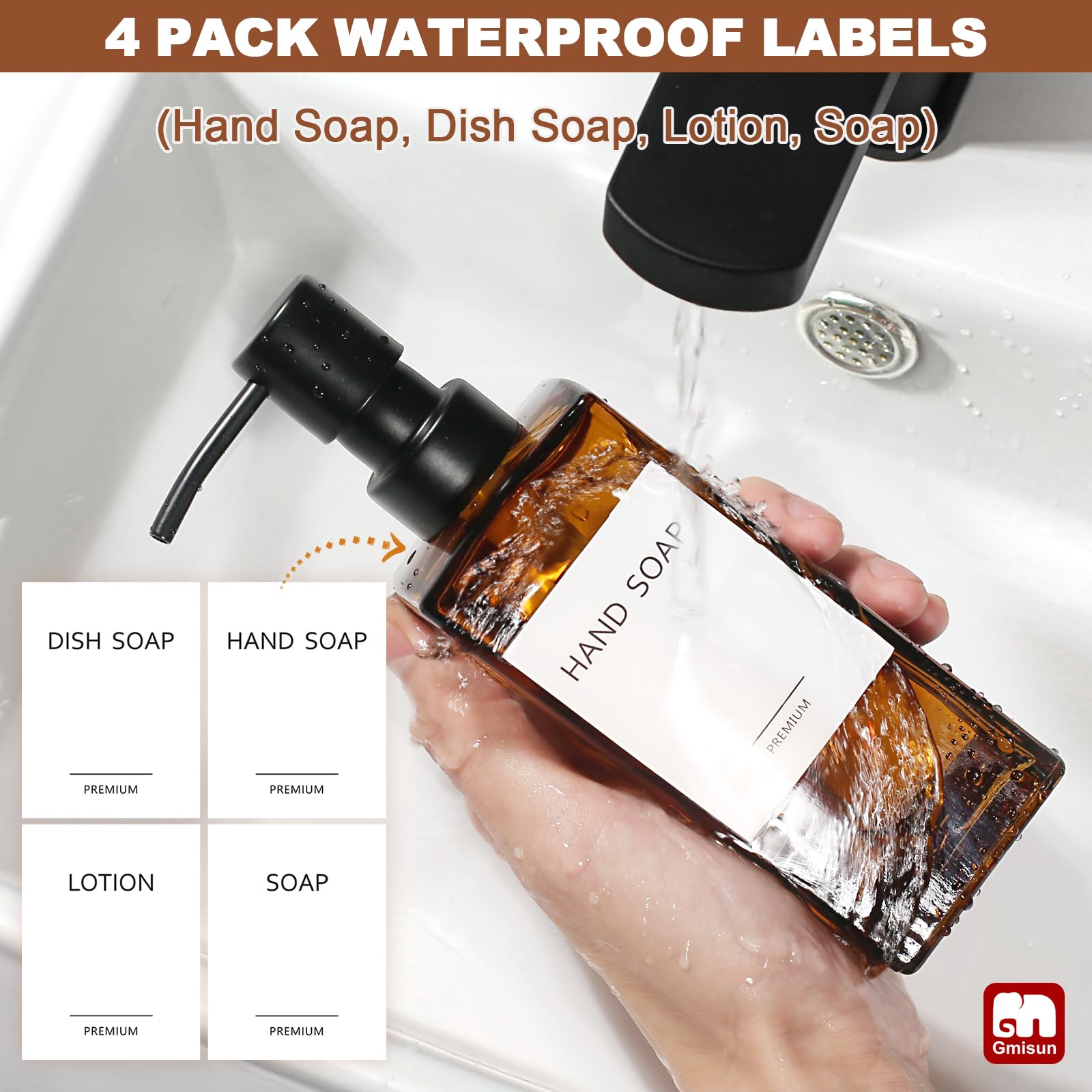 Gmisun Amber Glass Soap Dispenser, 2 Pack Hand Soap Dispenser Bathroom, 12Oz Dish Soap Dispenser Set For Kitchen, Glass Liquid S