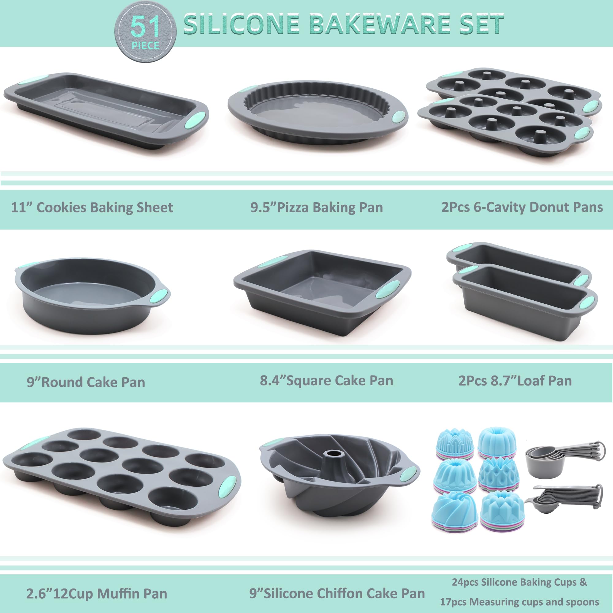 Tongjude 51 Piece Silicone Bakeware Set, Non-Stick Kitchen Oven Baking Pans, Silicone Cake Molds With Muffin Pan, Cookies Baking