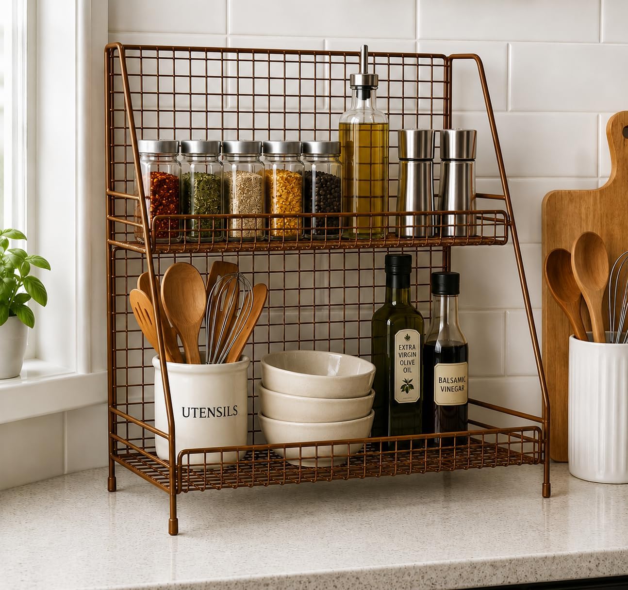 15 West 62493 Space Saving Brown 2Tier Organizer Rack, Wire Basket Storage Container Countertop Shelf For Kitchenware Bathroom 