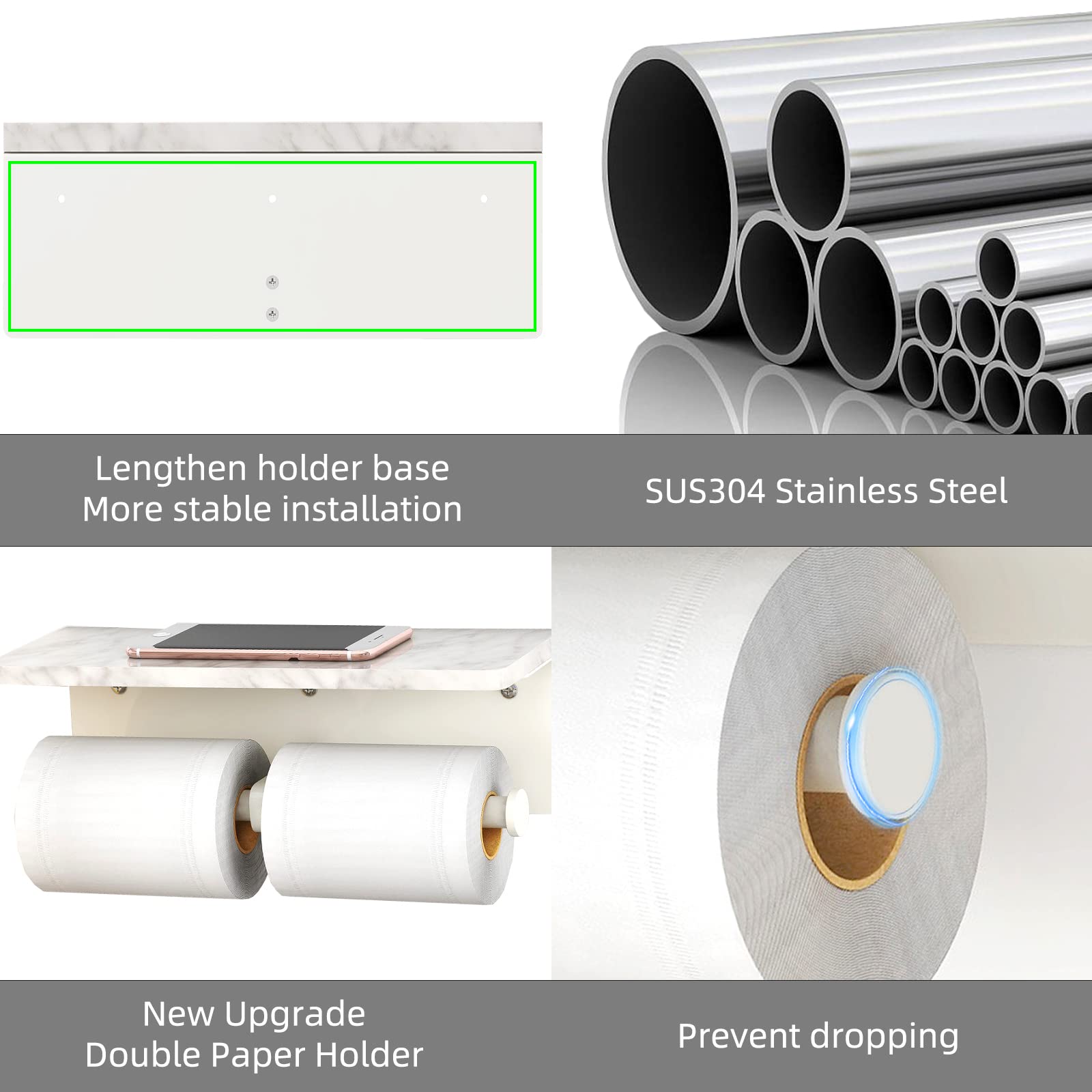 White Toilet Paper Holder with Shelf  New Upgrade Double Toilet Paper Holder with Storage  Marble Roll Toilet Paper Wall Mount for Bathroom Washroom