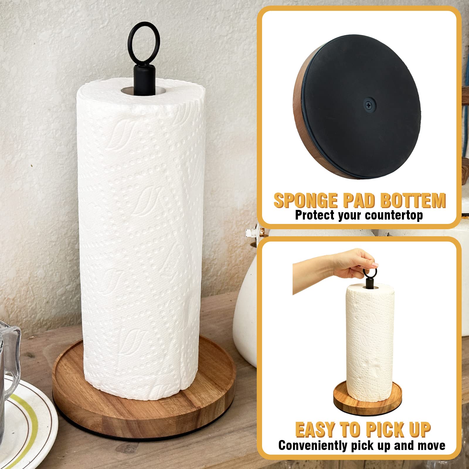 Wildmos Paper Towel Holder Countertop,Solid Acacia Wood With Thick Metal Base,Black Paper Towel Holder For Farmhouse Kitchen,Woo