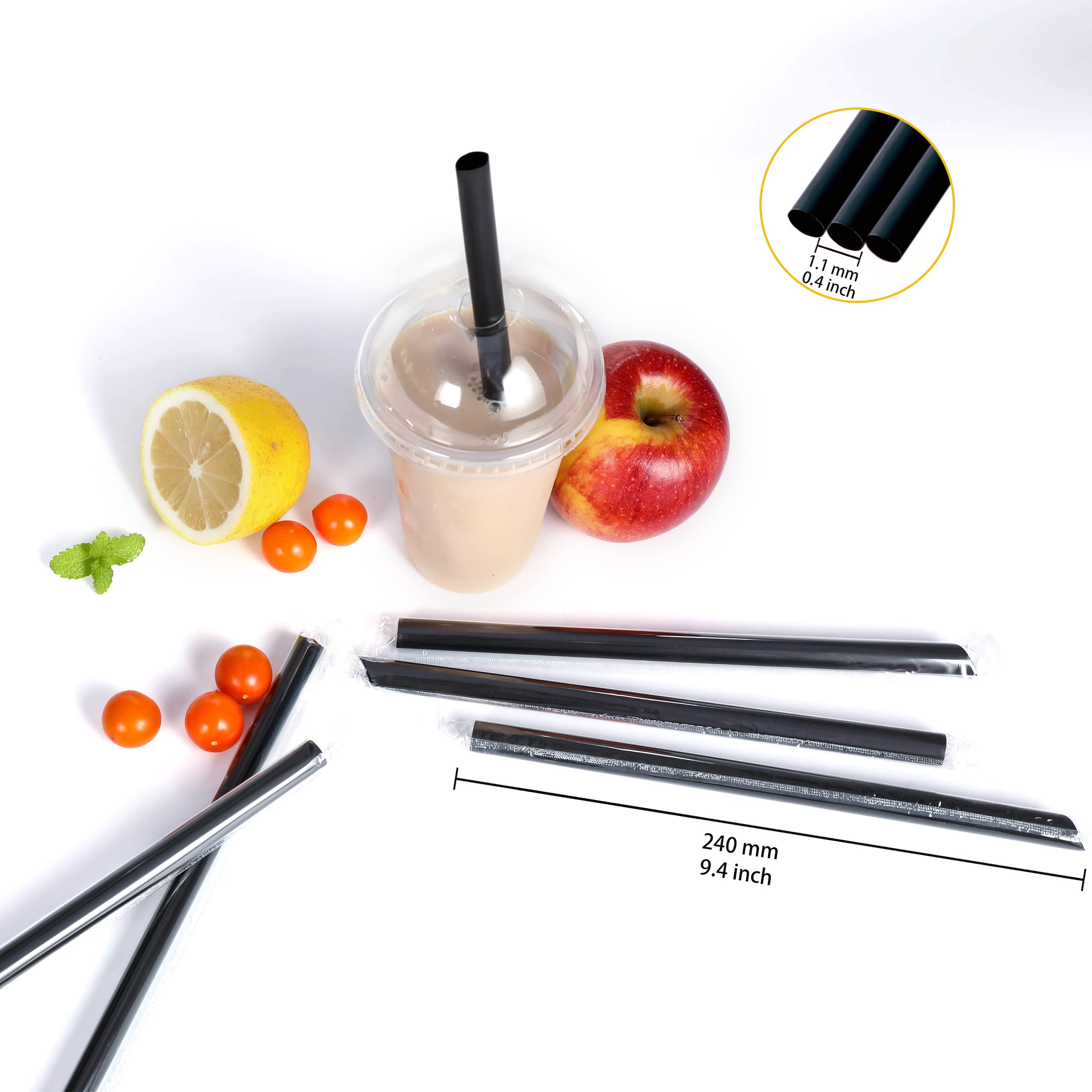 100 Pcs Individually Packaged Pointed Jumbo Smoothie Straws Disposable Individually Wrapped Plastic Lengthen Milkshake Boba Straw (0.43'' Diameter and 9.45'' long) (Black)