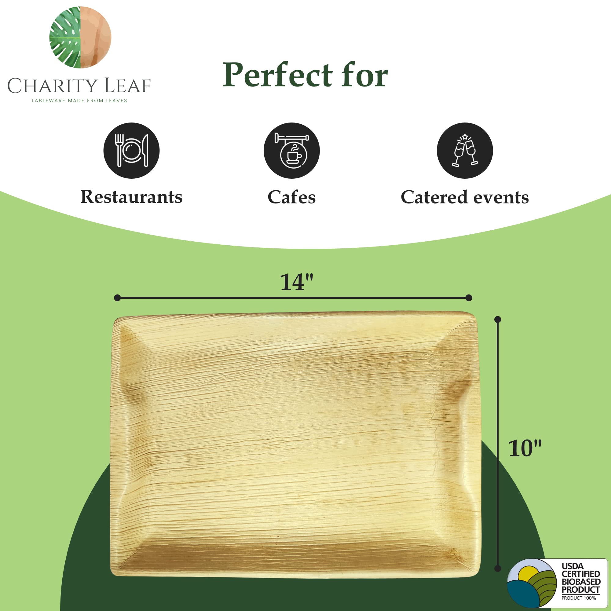 Charity Leaf Disposable Palm Leaf 14'' x 10'' Trays (100 Pieces) Bamboo Like Serving Platters  Disposable Boards  Eco-Friendly Dinnerware for Weddings  Catering  Events