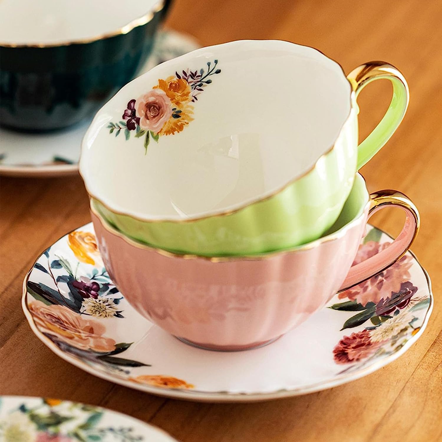 Oneustar Tea Cup And Saucer Set For 2 Porcelain Enghlish Tea Cup Floral Teacups Coffee Cup Latte Cup Mugs For Mother 'S Day Birt