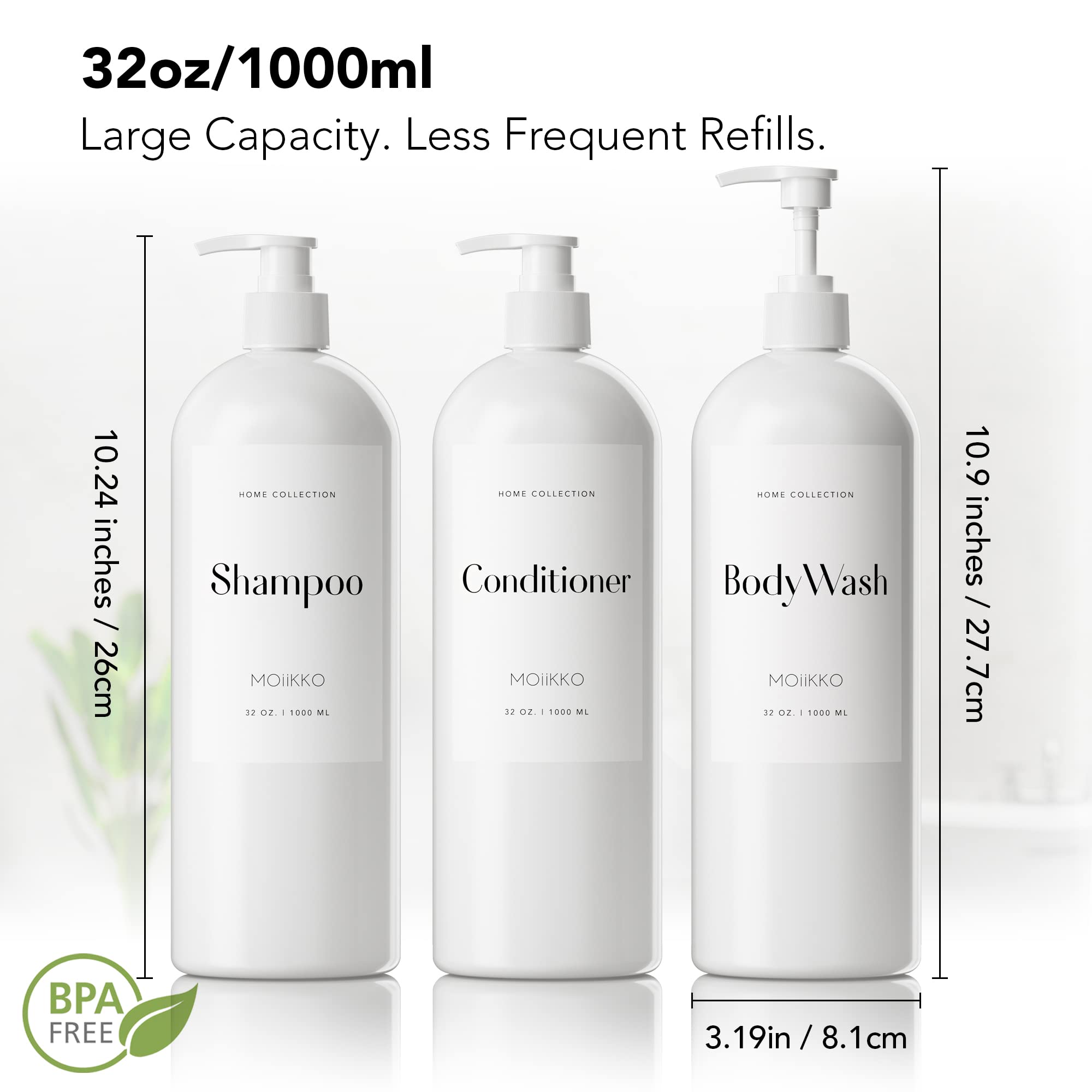 MOIIKKO 32oz Refillable Shampoo and Conditioner Dispenser Bottles - Set of 3 Empty Shampoo Conditioner Body Wash Dispenser with 8 Waterproof Labels