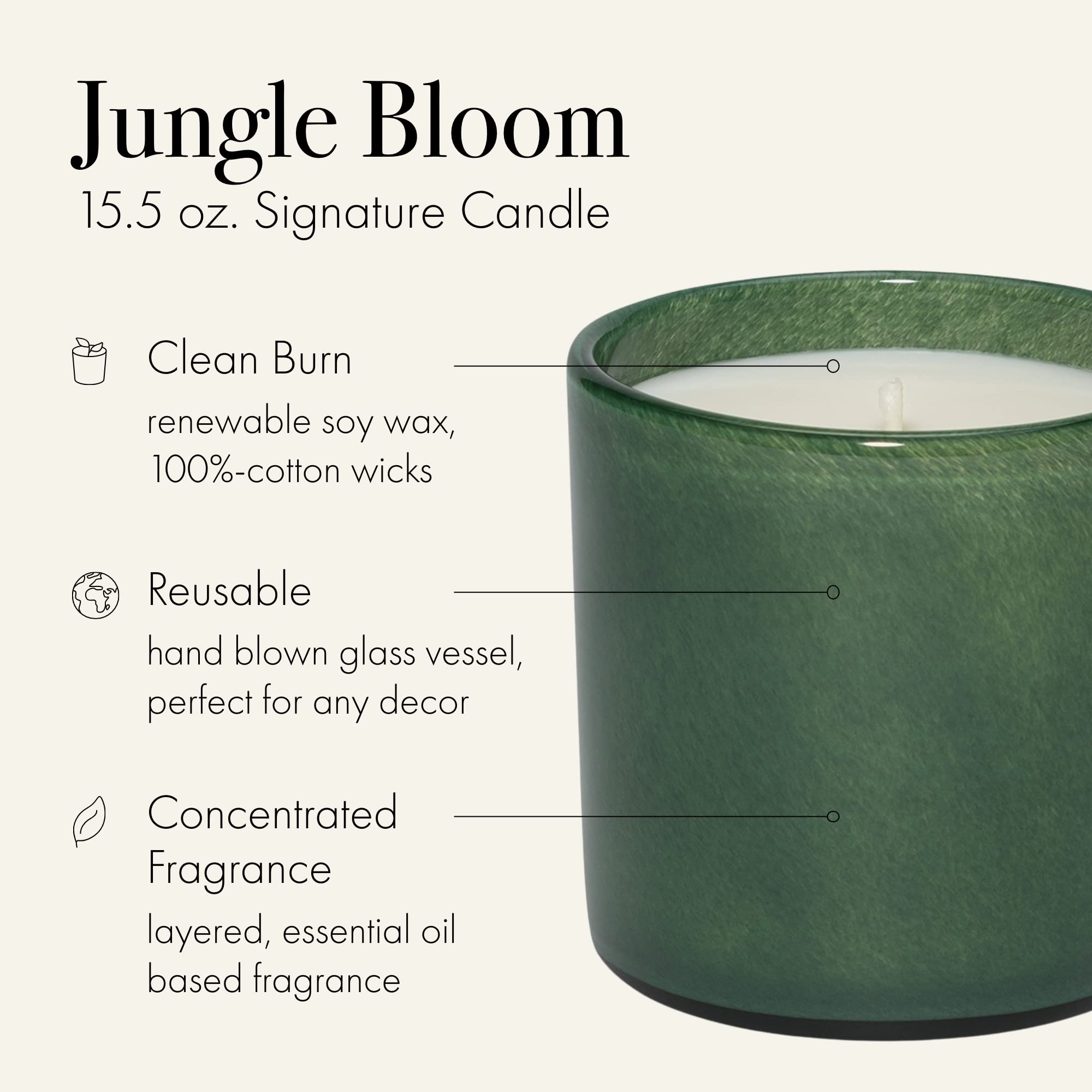 LAFCO New York Signature Candle, Jungle Bloom - 15.5 oz - 90-Hour Burn Time - Reusable, Hand Blown Glass Vessel - Made in The US
