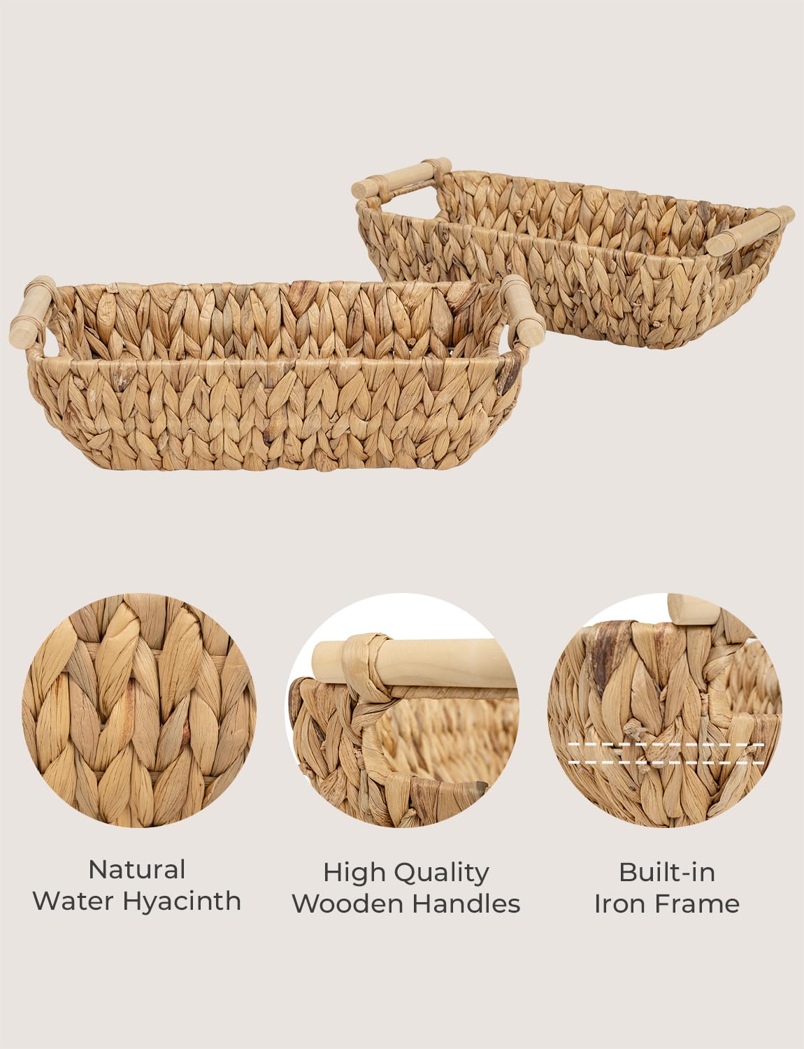 StorageWorks Hand-Woven Small Wicker Baskets  Water Hyacinth Storage Baskets with Wooden Handles  2-Pack