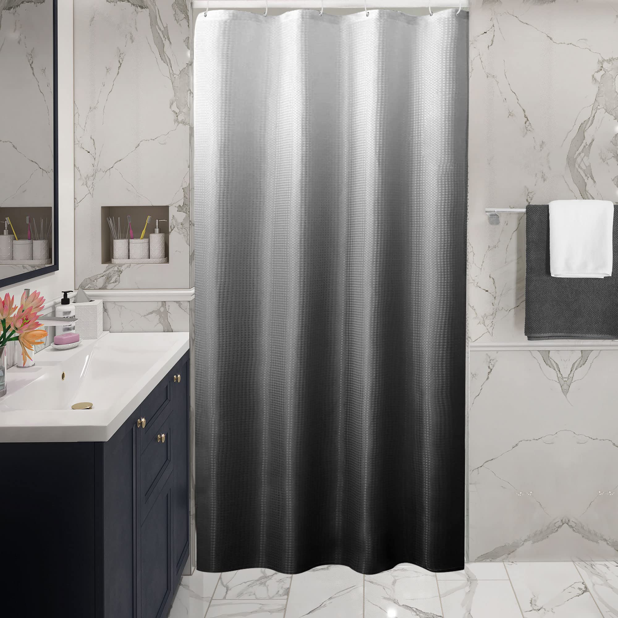 Gibelle Small Stall Shower Curtain 36 X 72, Narrow Half Black Ombre Shower Curtain For Bathroom, Waffle Weave Fabric Shower Curt