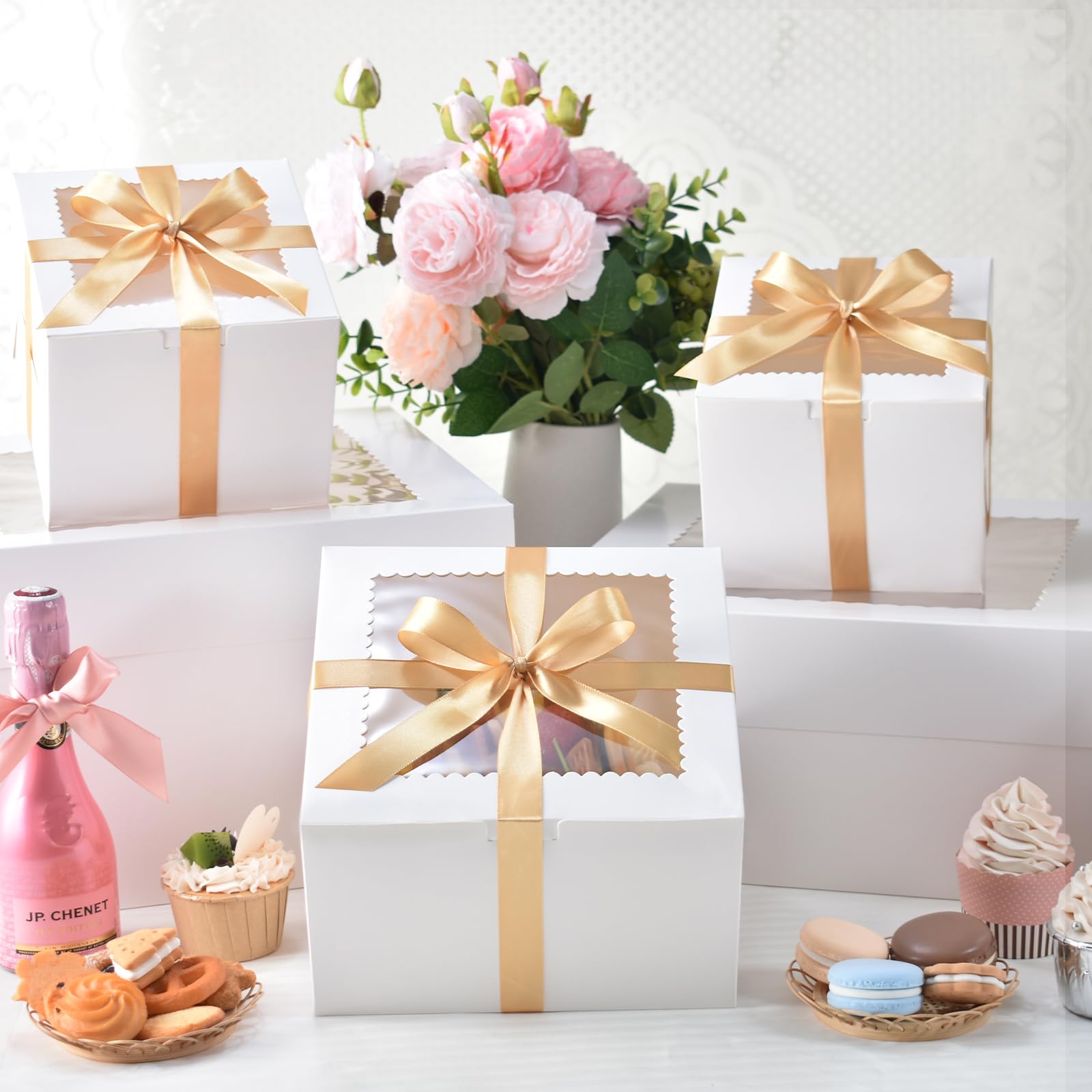 KPOSIYA 40pcs 8x8x5 inches Cake Boxes with Cake Boards(20 Boxes & 20 Boards), White 8 inch Cake Boxes with Window,Cajas Pasteles