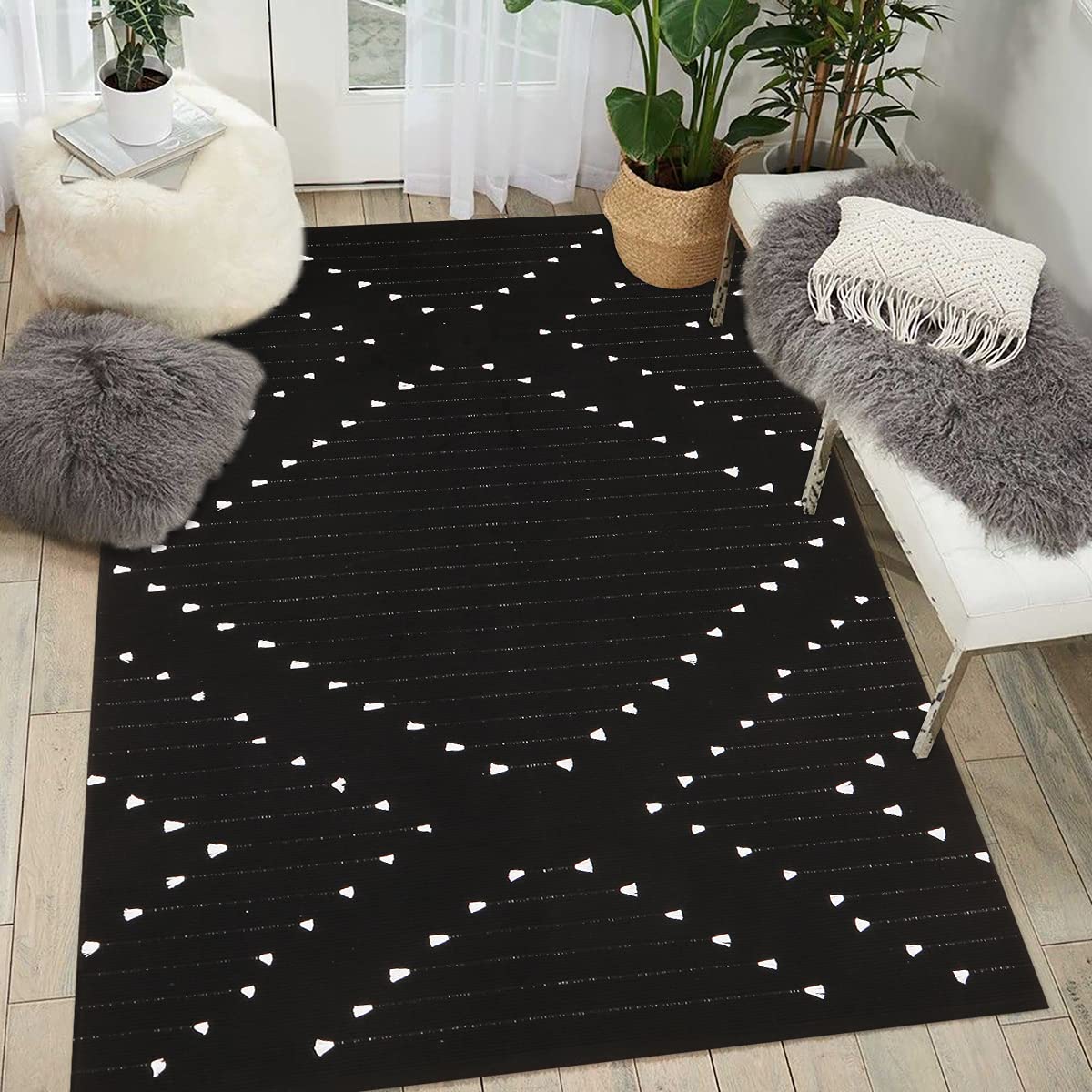 LIVEBOX Boho Black Rug 5 x 7 Large Washable for Living Room,Moroccan Cotton Bedroom Indoor Outdoor Throw Area Thin Carprt for 